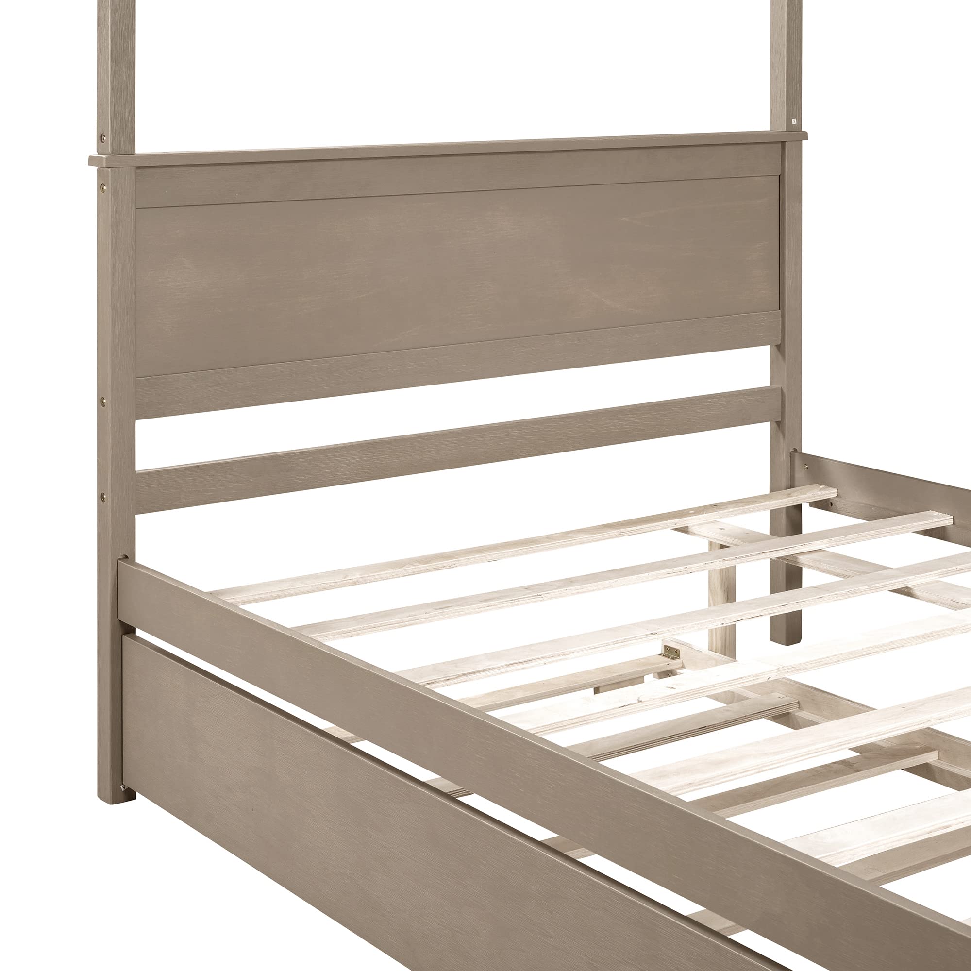 Harper & Bright Designs Full Size Canopy Platform Bed with Trundle - Solid Wood Bed Frame with 2 Nightstands, Noise Free No Box Spring Needed, Light Brown - Perfect for Small Bedrooms, Guest Rooms & Space-Saving Storage Solutions