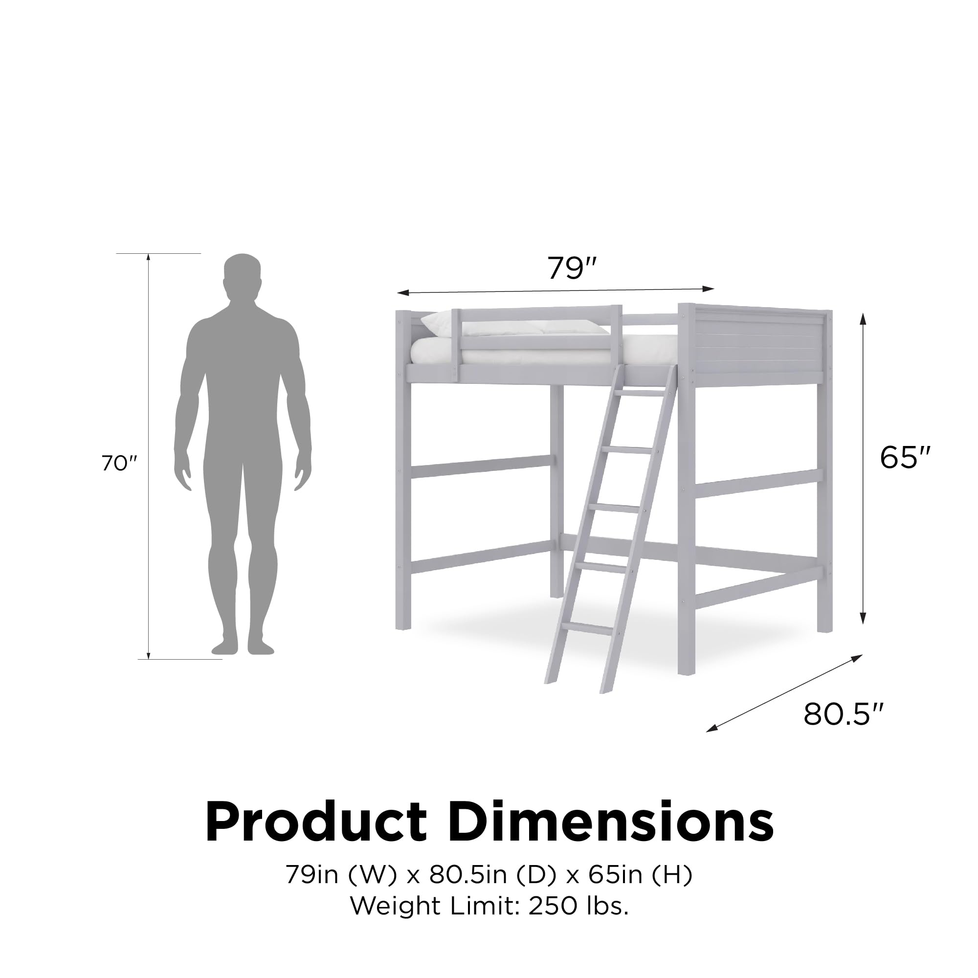 Dorel Living Denver Full Size Wood Loft Bed for Kids - Gray Wooden Frame | Perfect for Small Bedrooms, Dorms & Space-Saving Kids' Rooms