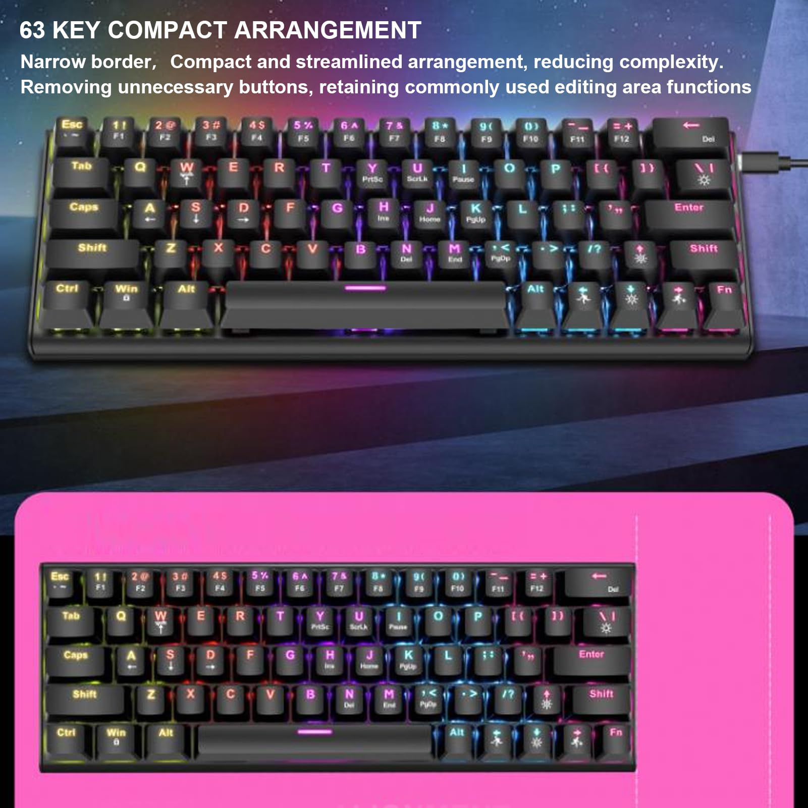 Topiky 63-Key Compact Mechanical Gaming Keyboard with Blue Switches & RGB Backlit - 26-Key Rollover for PC, Laptop - Perfect for Esports, Office Work & Home Gaming Setup
