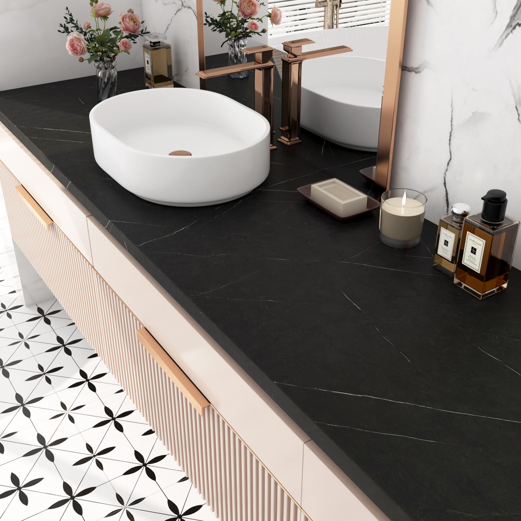 FunStick Black Marble Contact Paper - Waterproof Peel & Stick Self-Adhesive Wallpaper for Countertops, Kitchen Cabinets, Bathroom, Desks (12