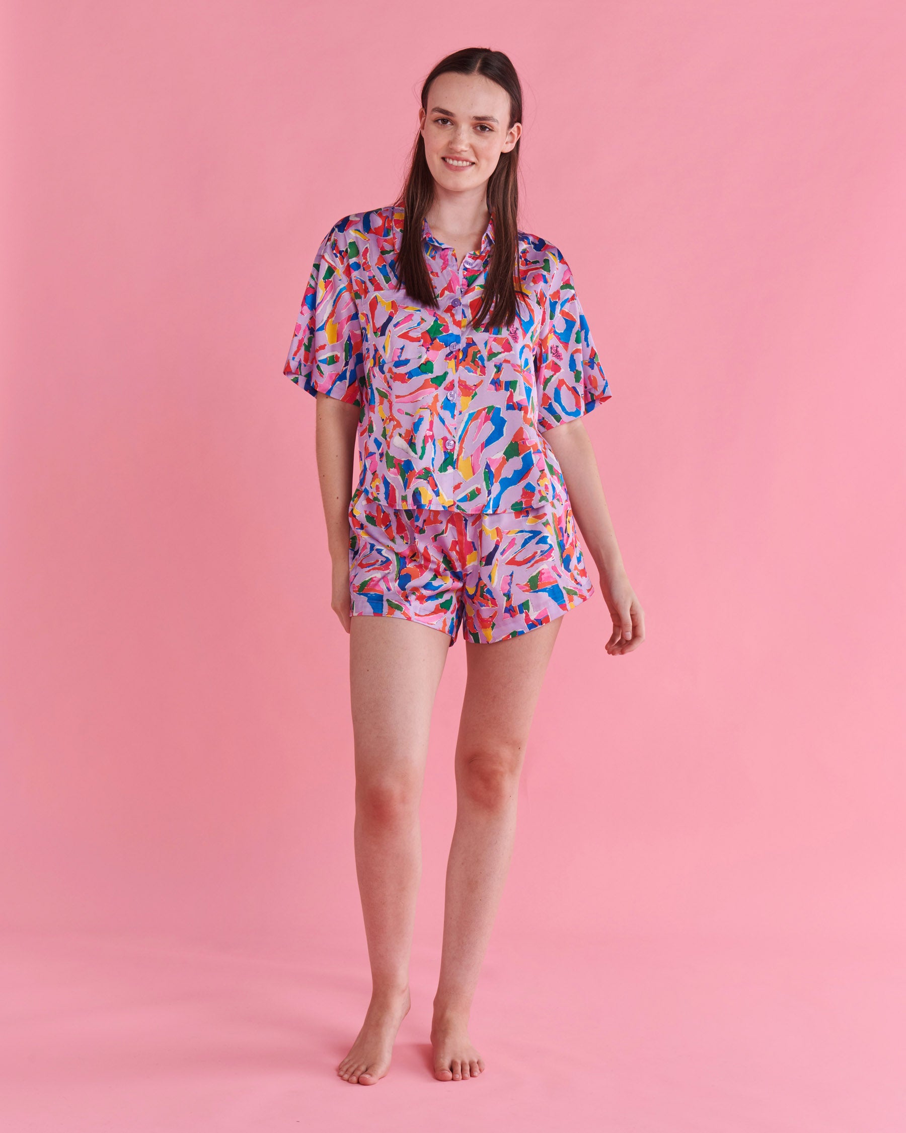 Kip&Co x Jenny Kee Opal Oz Pax Lilac Eco Satin Short Sleeve Shirt & Short Pajama Set - Women's Sustainable Sleepwear for Summer Nights & Lounge Wear