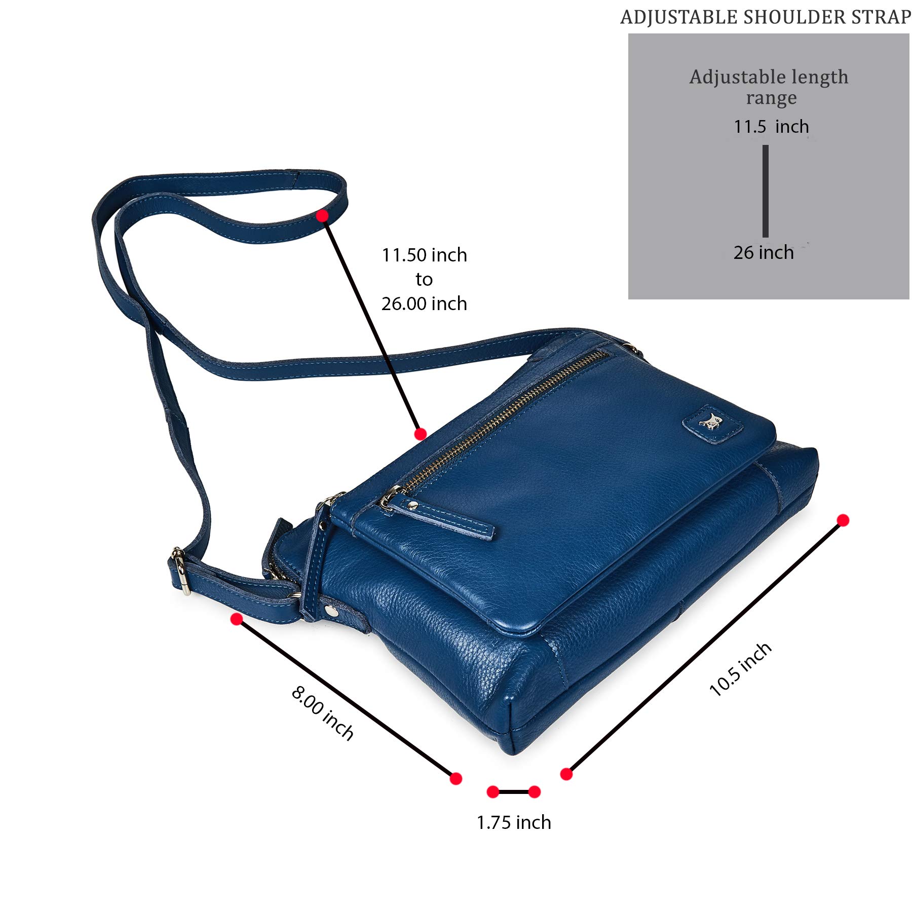 Wise Owl Women's Premium Triple Zip Crossbody Bag - Soft Pebbled Genuine Leather Sling Shoulder Purse for Everyday Use, Travel & Work (Sapphire Blue Nappa Leather) - Perfect Gift for Her