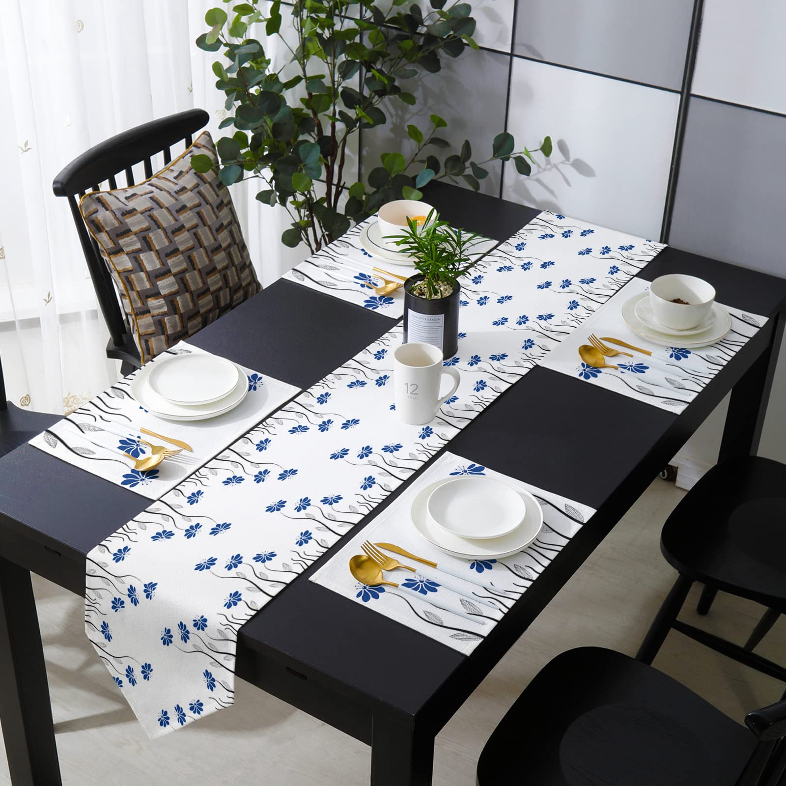6-Piece Non-Slip Washable Table Runner Set - 13x90 Inch Floral Table Mat for Kitchen, Dining & Coffee Tables - Blue Artistic Flower Design - Perfect for Home Decor, Parties & TV Stand Decoration