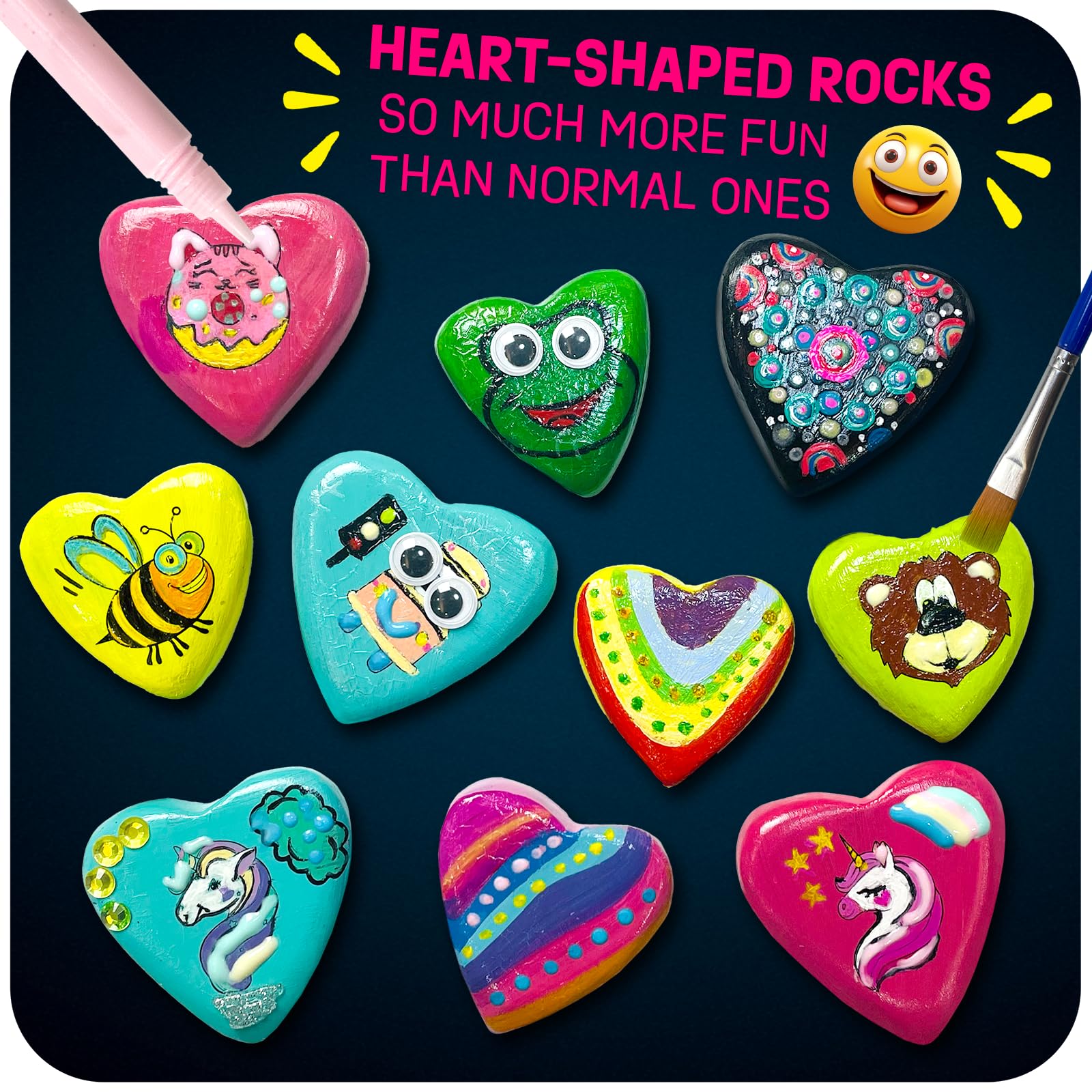 Glow in The Dark Hearts Rock Painting Kit - Arts and Crafts for Kids Ages 4-12 - Creative DIY Art Toys for Girls & Boys - Perfect for Easter, Birthday Gifts & Indoor Activities - Fun Craft Kits for 5 6 7 8 9 10 11 12 Year Old Children - Great for Party Favors, Classroom Projects & Family Bonding Time