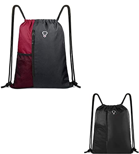 BeeGreen Drawstring Backpack - Lightweight Gym Bag for Men & Women with Water Bottle Holder, Mesh & Zippered Pockets - Large Sports Sackpack for School, Travel, Workout & Outdoor Activities