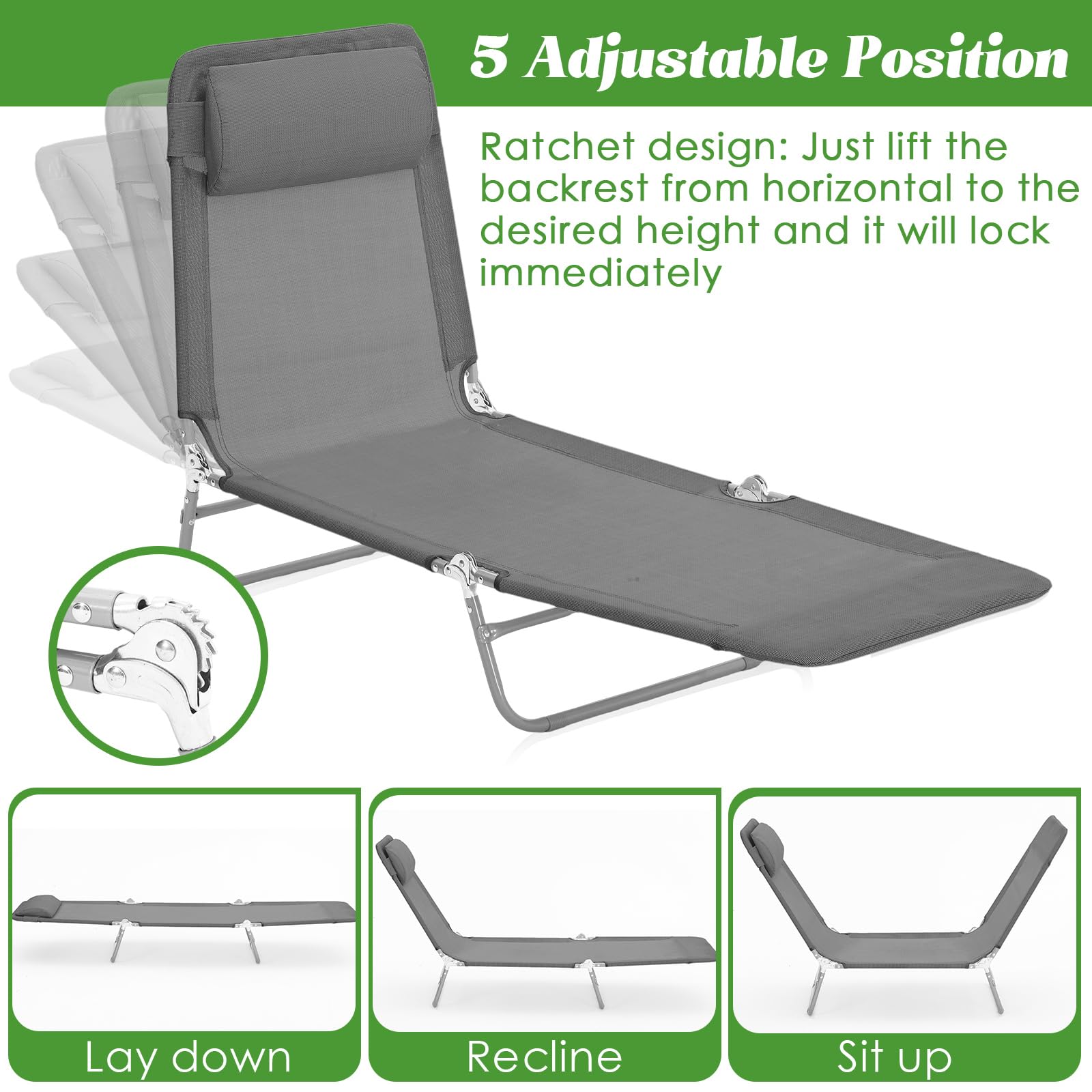 Suzile 4 Pack Folding Chaise Lounge Chairs - Adjustable 5-Position Tanning Chairs with Pillow, Waterproof & Breathable Mesh, Steel Frame - Perfect for Pool, Beach, Yard, Patio, Lawn & Outdoor Relaxation