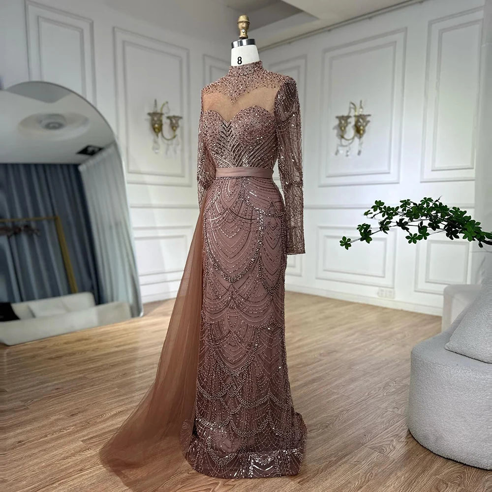 Elegant Brown Beaded Mermaid Evening Gown with Detachable Side Overskirt LA71913A - Perfect for Prom, Gala & Formal Events