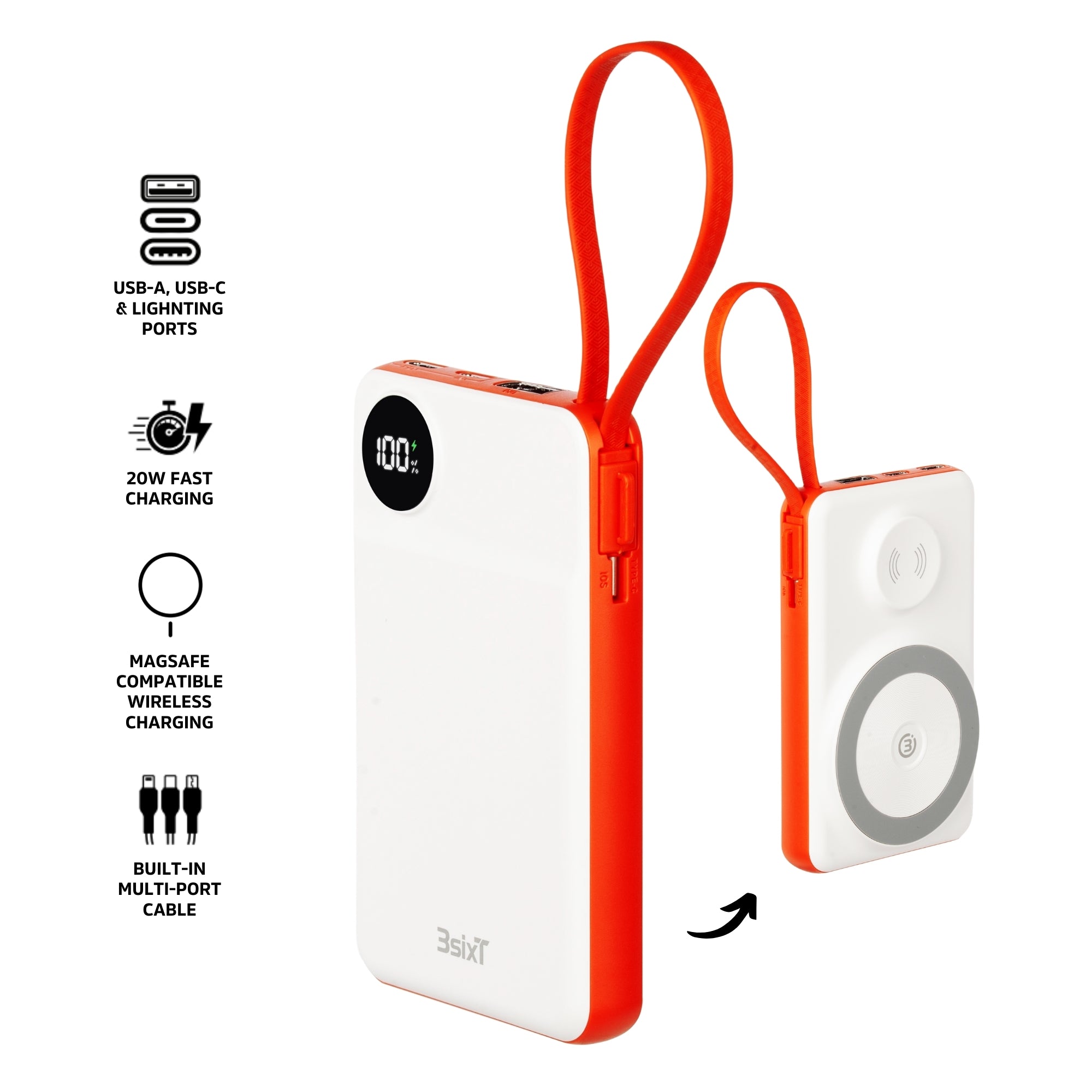 3sixT JetPak 3-in-1 Wireless 10000mAh Portable Charger - Fast Charging Power Bank for iPhone, Samsung, AirPods - Perfect for Travel, Camping & Emergency Power Backup