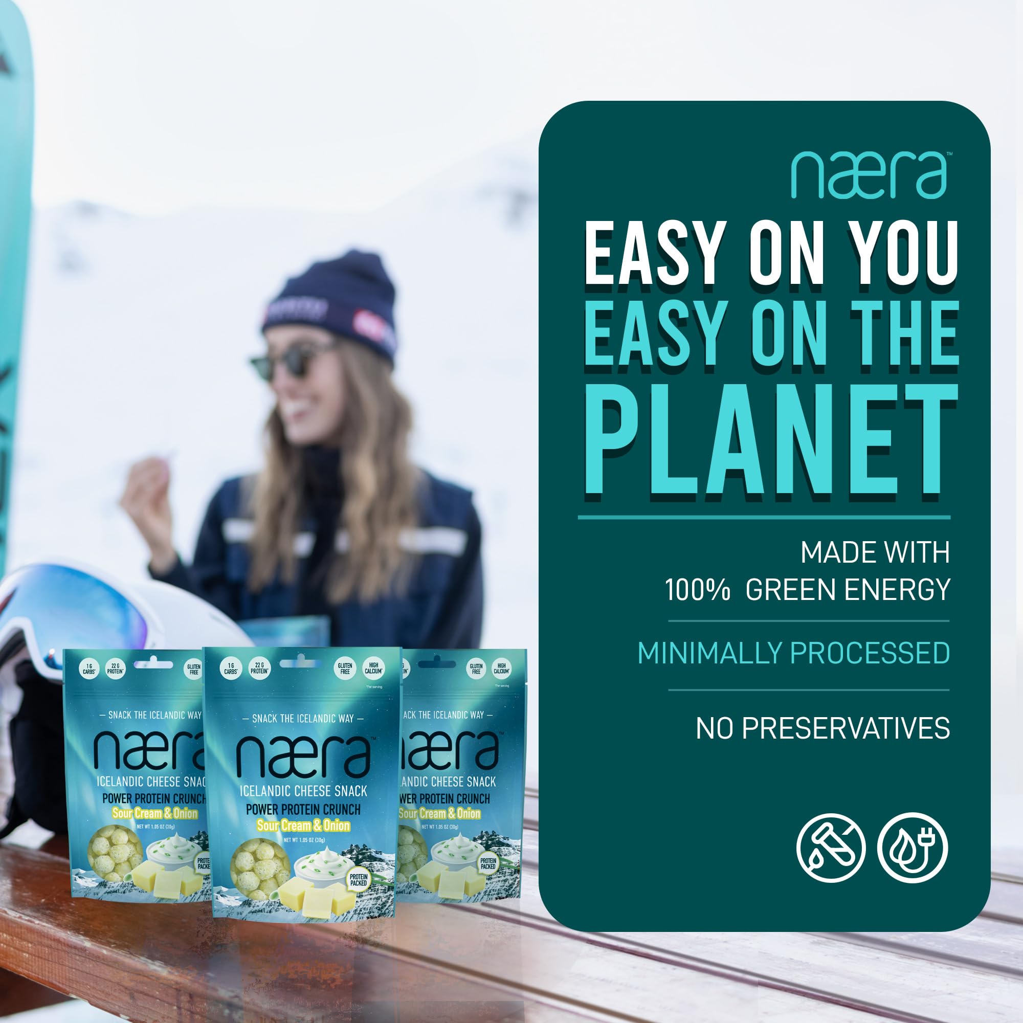 Næra Icelandic - 3-Pack Sour Cream & Onion 100% Cheese Crunch Protein Snacks | Keto Friendly, Gluten-Free, High Protein | Natural Snacks for Adults & Kids (1.05 oz each) | Perfect for On-the-Go, School Lunches & Office Snacking