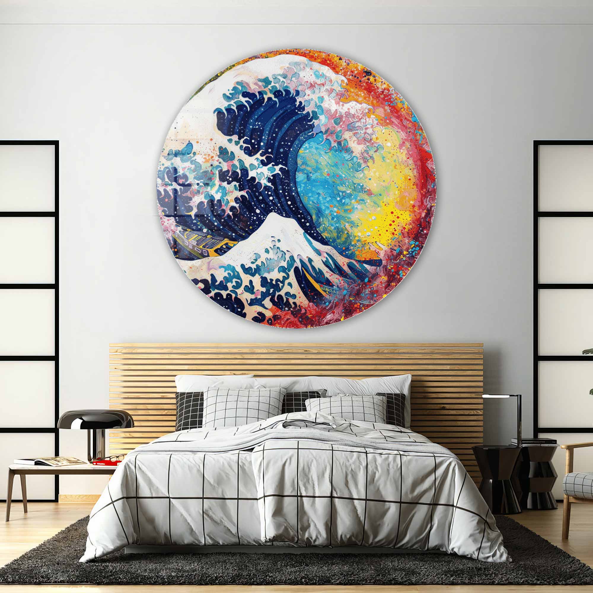 Kanagawa Rainbow Rounded Glass Wall Art - Japanese Wave Decor for Living Room, Bedroom & Office - Modern Home Decor for Coastal, Boho & Minimalist Styles