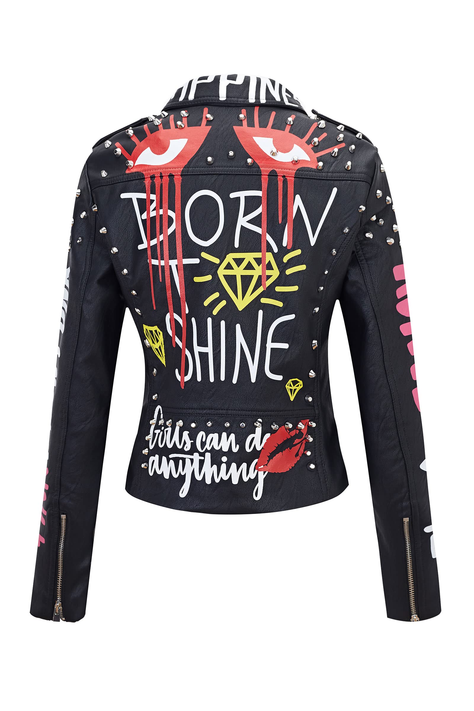 RISISSIDA Women's Faux Leather Jacket with Studs & Rivets - Trendy Moto Biker Jacket for Spring, Fall & Winter - Streetwear Fashion with Belt - Perfect for Casual Outfits, Night Out & Motorcycle Riding