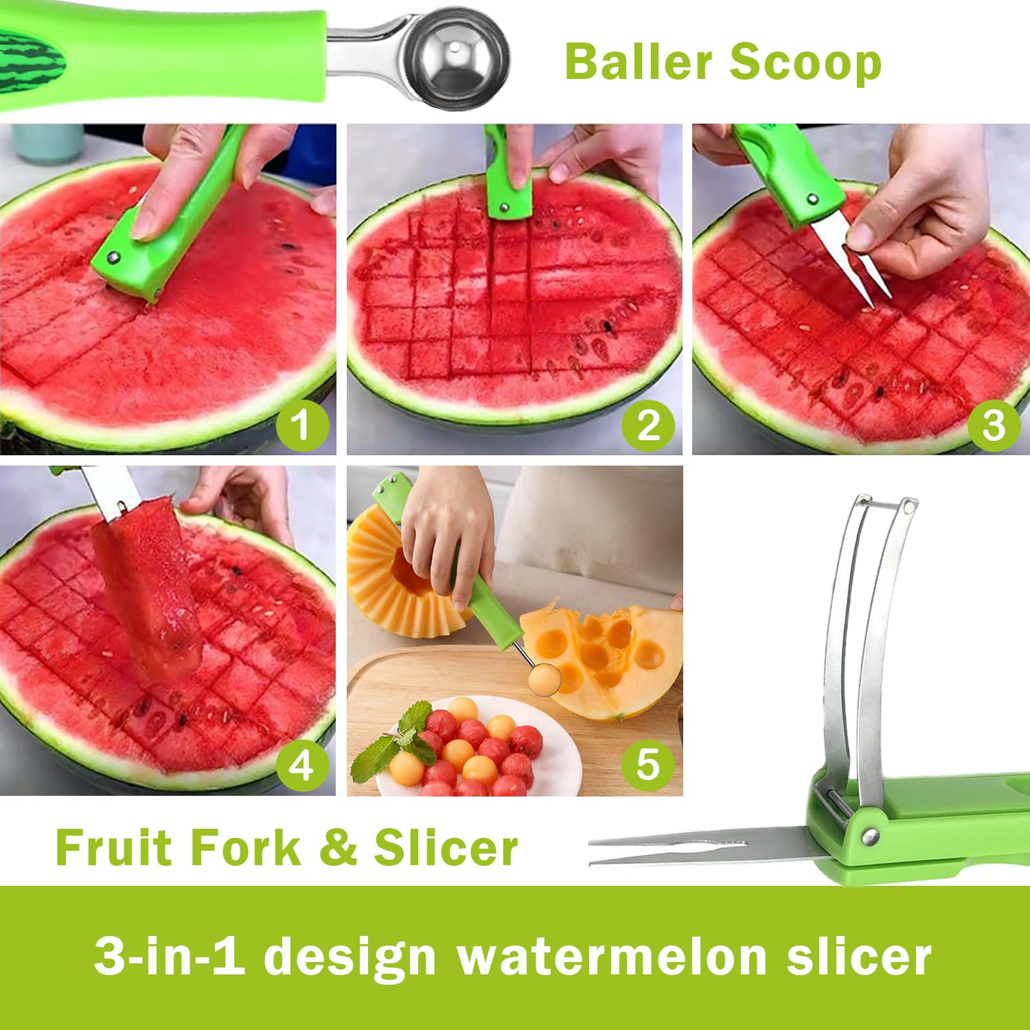 JAYVAR Watermelon Slicer Cutter Knife with Melon Baller Scoop Set - 3-in-1 Fruit Cutting Tool for Watermelons, Cantaloupes & Honeydews | Perfect for Fruit Salads, Ice Cream Toppings & Summer Parties