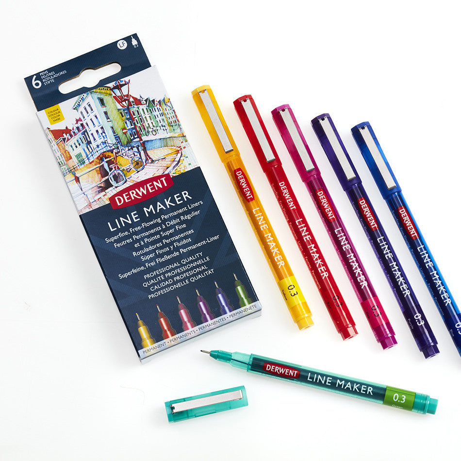 Derwent Line Maker Drawing Pen Set of 6 - Professional Artist Sketching & Coloring Pens for Illustration, Calligraphy, and Doodling - Perfect for Sketchbooks, Bullet Journals, and Art Projects