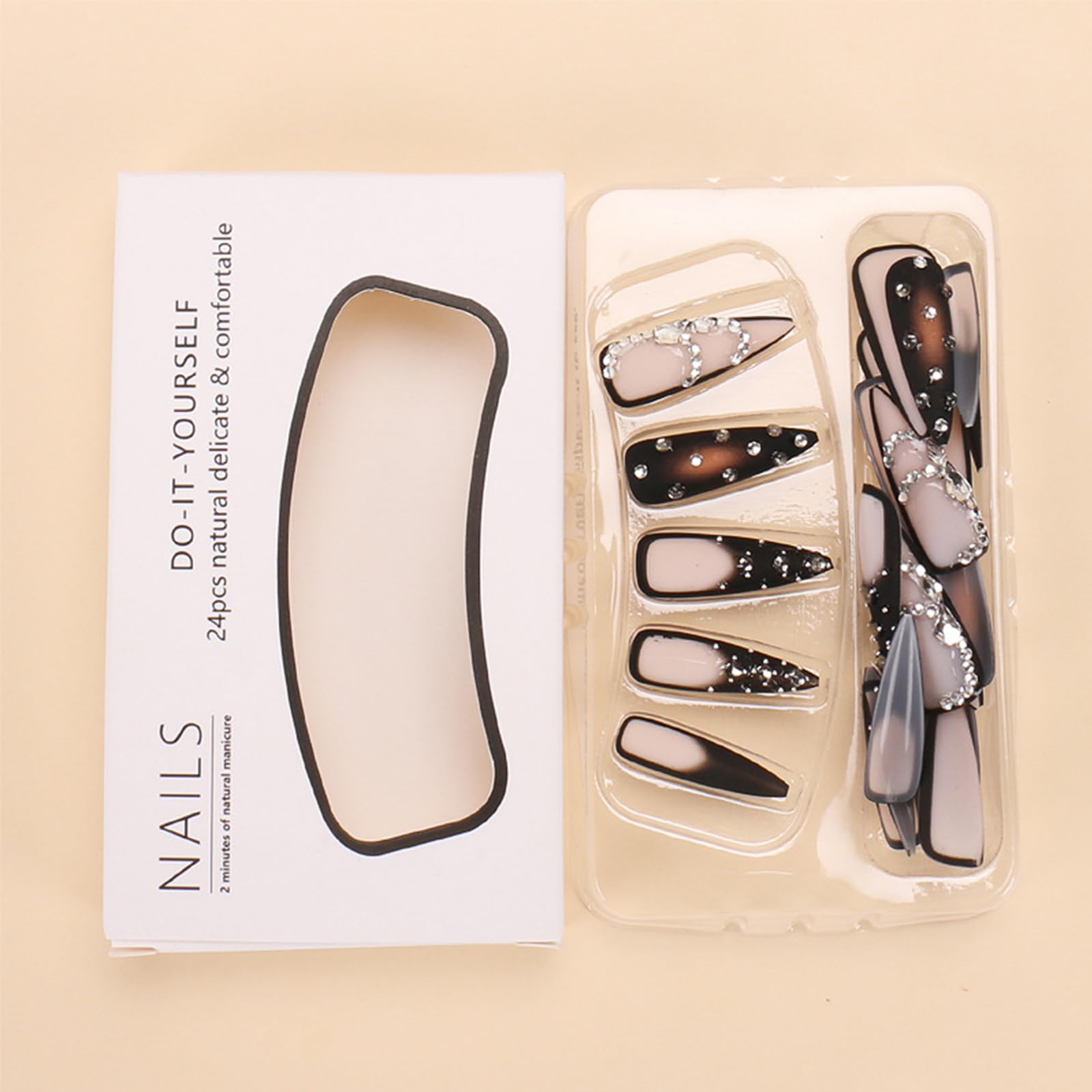 Luxury Brown Press On Nails - 24Pcs Long Stiletto Fake Nails with French Tips, Rhinestones & Goth Black Ombre Designs | Glossy Acrylic Glue On Nails for Women | Perfect for Parties, Weddings & Special Occasions