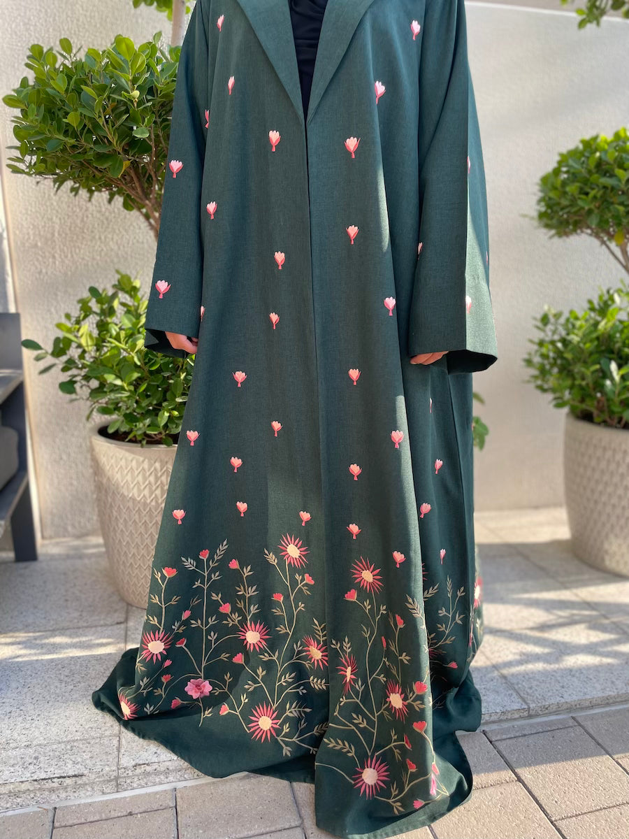 Elegant Green Linen Abaya Dress with Floral Embroidery - Modest Muslim Prayer Dress for Women - Perfect for Eid, Mosque & Special Occasions