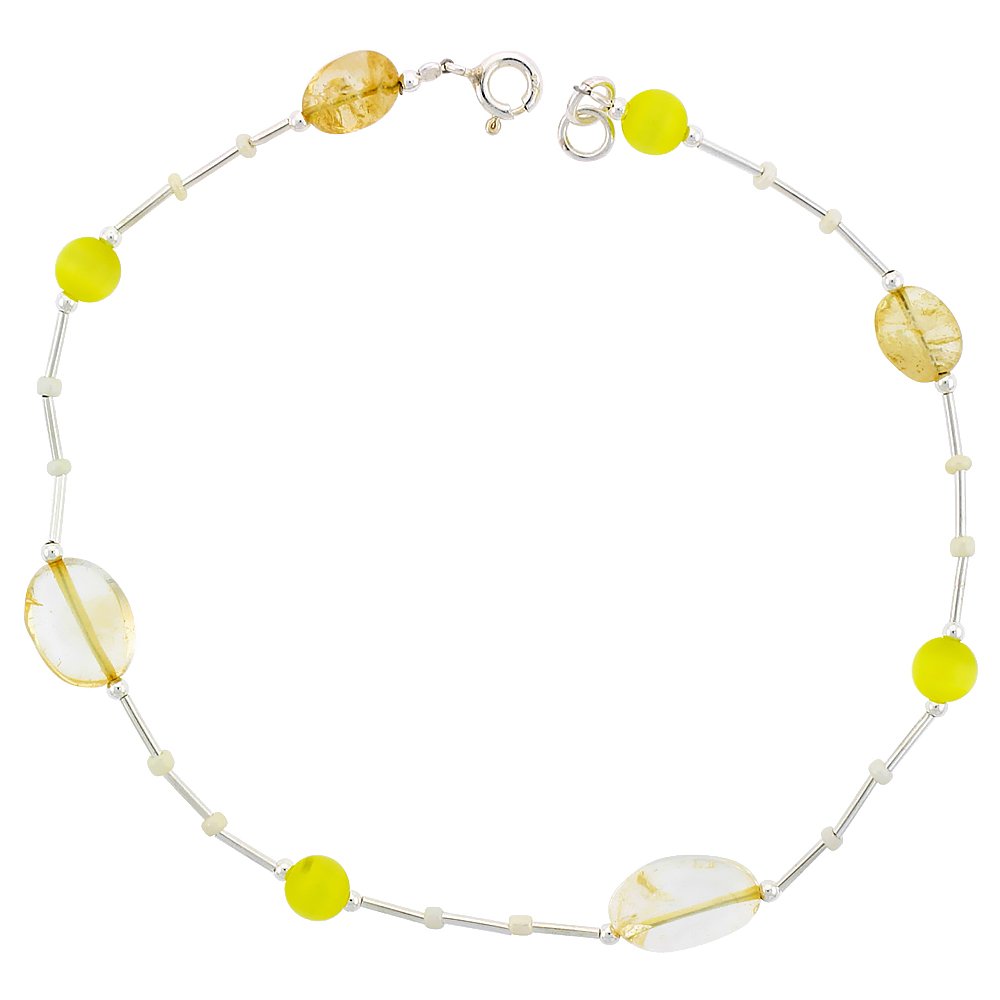 Natural Citrine Sterling Silver Anklet with Lemon Catseye & Glass Seed Beads - Adjustable 9-10 Inch for Women - Perfect for Beach, Summer & Boho Fashion