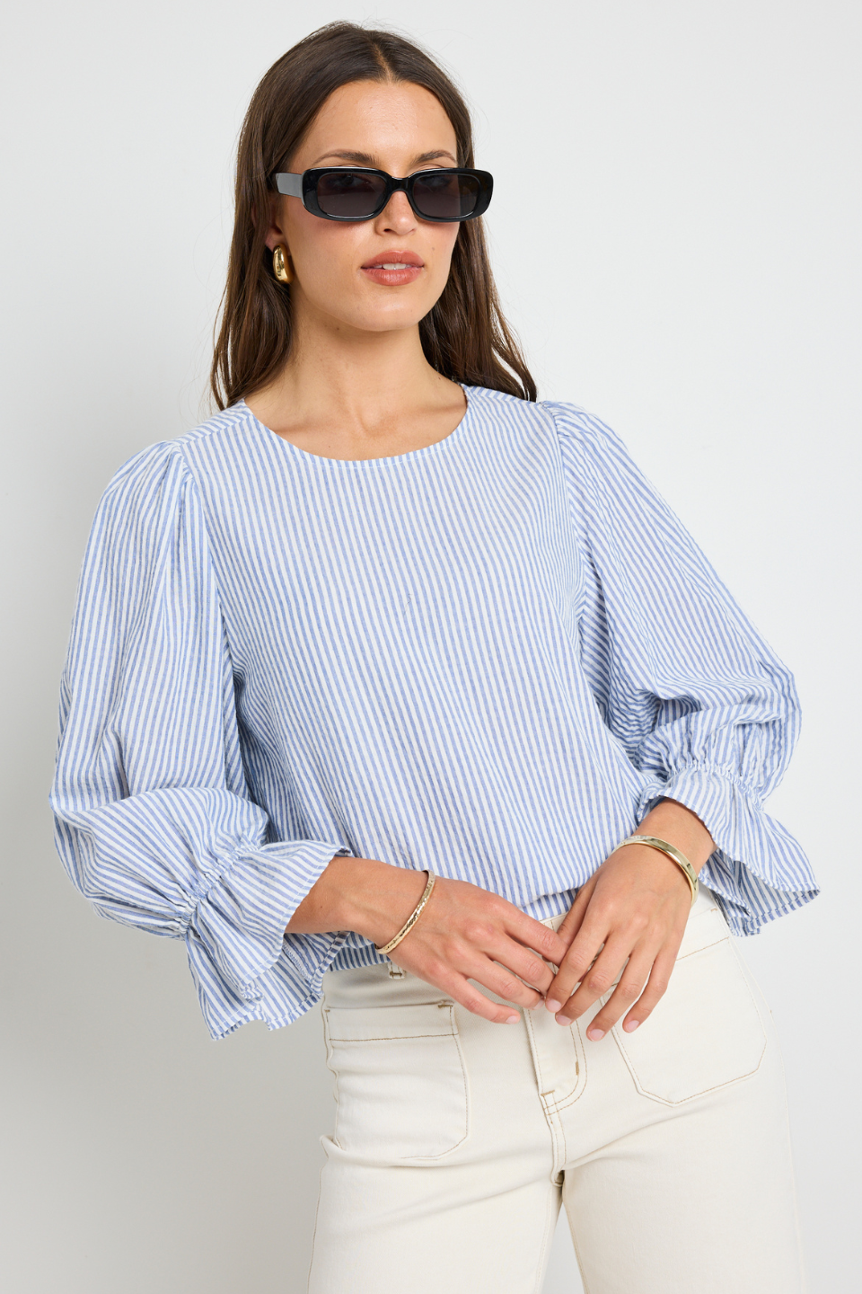 Imagine Blue Stripe Shirred Back Long Sleeve Top for Women | Casual & Chic Blouse for Everyday Wear | Perfect for Office, Dates & Outings