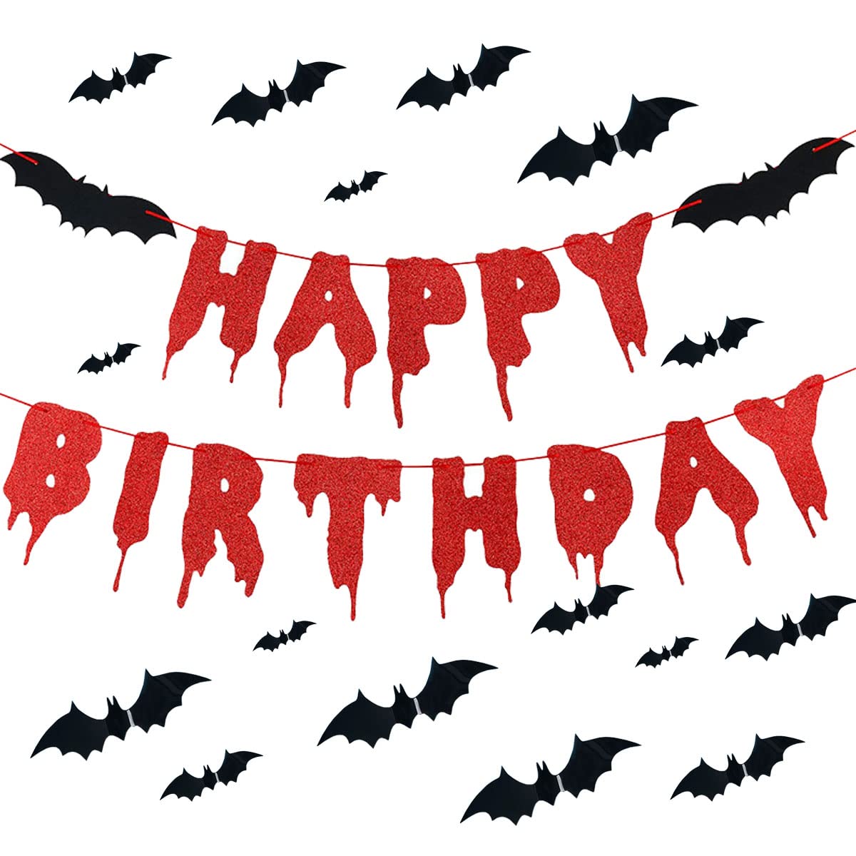 ZOOTML Bloody Glitter Happy Birthday Banner & Bat Stickers - Halloween Party Decorations, Zombie Vampire Birthday Supplies - Perfect for Spooky Birthday Parties, Halloween Celebrations & Horror Theme Events