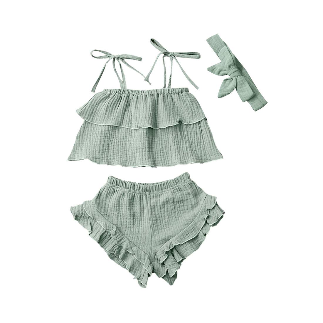 Newborn Baby Girl Summer Outfit Set - Knitted Suspender Dress, Ruffle Top & Shorts - Soft Cotton Solid Color Clothes for Infants | Perfect for Photoshoots, Parties & Daily Wear