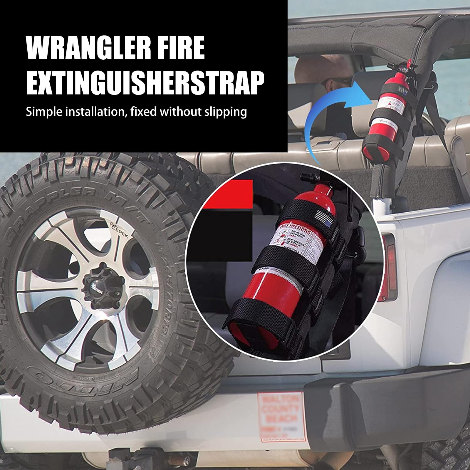 ZKFAR Adjustable Fire Extinguisher Holder with American Flag Design - Universal Roll Bar Mount for Jeep Wrangler 1965-2022 (JK, JKU, TJ, CJ, Gladiator) - Red - Perfect for Off-Road Adventures & Emergency Preparedness