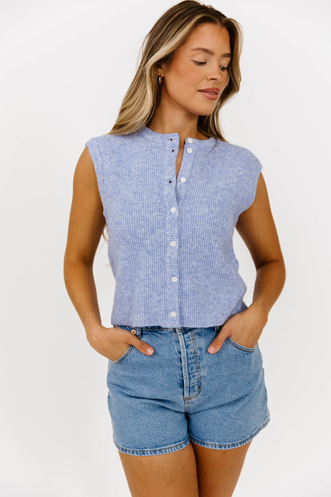 Analeigh Women's Sleeveless Ribbed Knit Vest - Soft Stretch Blue Tank Top for Layering, Casual Outfits & Office Wear