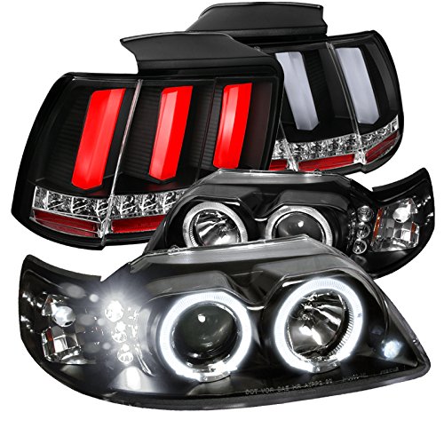 Spec-D Tuning Black Halo LED Projector Headlights & Sequential LED Tail Lights for 1999-2004 Ford Mustang - Left & Right Pair - Upgrade Your Ride for Night Driving & Car Shows