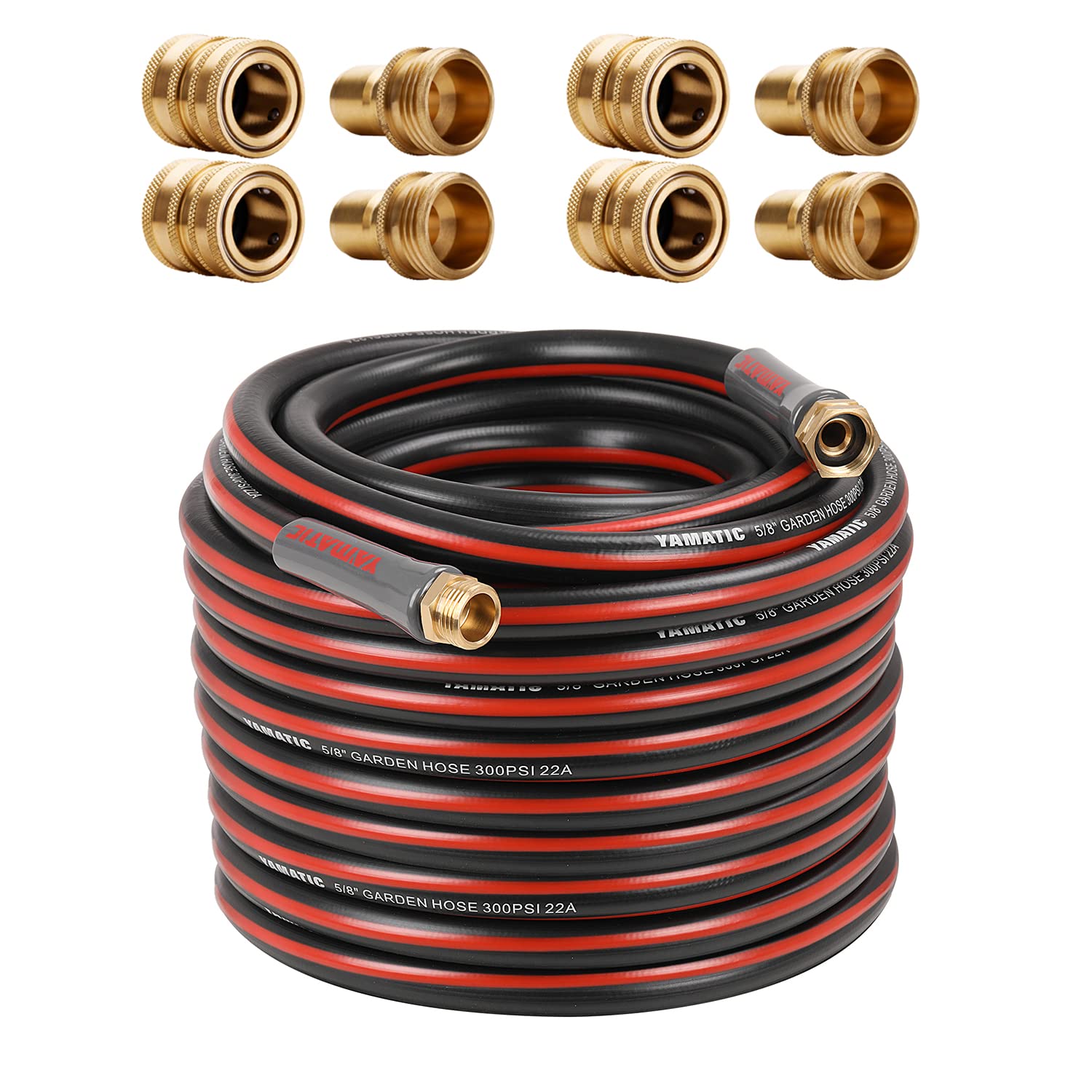 YAMATIC 5/8 Inch x 75 Feet Heavy Duty Garden Hose with Solid Brass Quick Connect Set - Perfect for Watering Lawns, Washing Cars, and Outdoor Cleaning