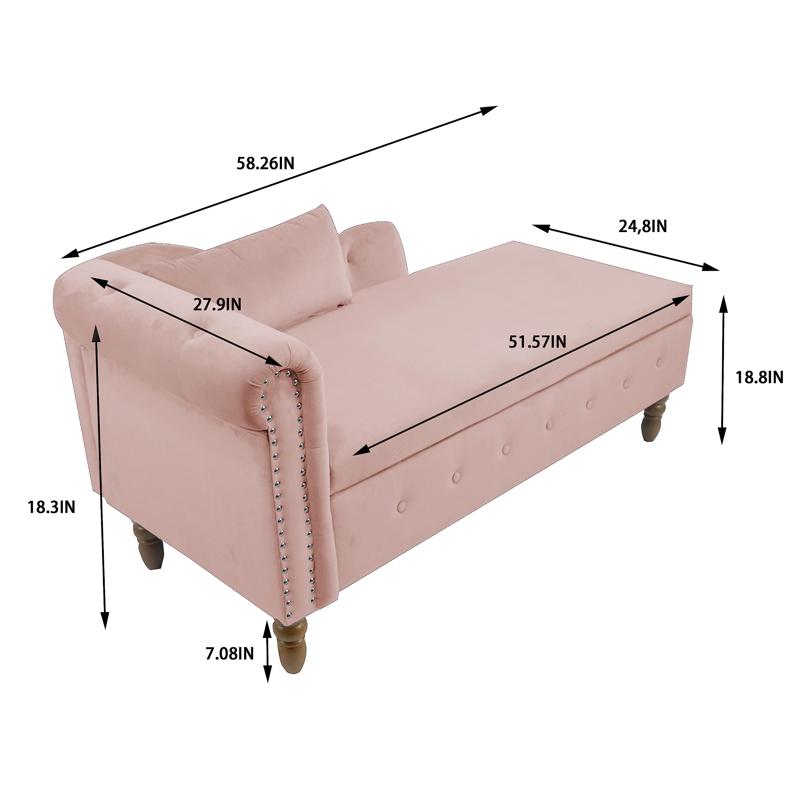 Velvet Chaise Lounge with Storage - Pink Sleeper Chair for Bedroom & Living Room