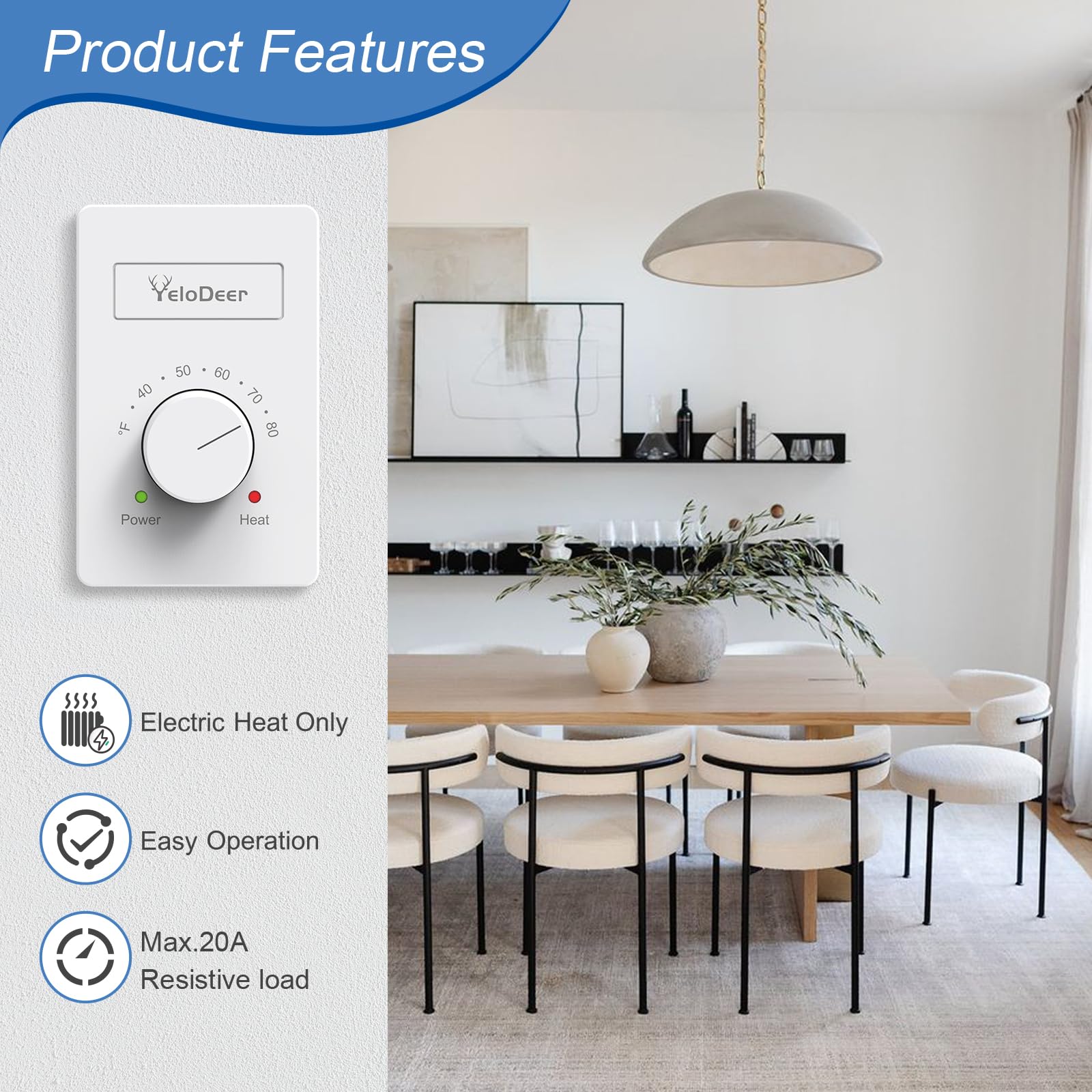 YeloDeer Manual Electric Baseboard Heater Thermostat - 120V Only, Single Pole, Temperature Control for Home Heating - Perfect for Bedrooms, Living Rooms & Basements