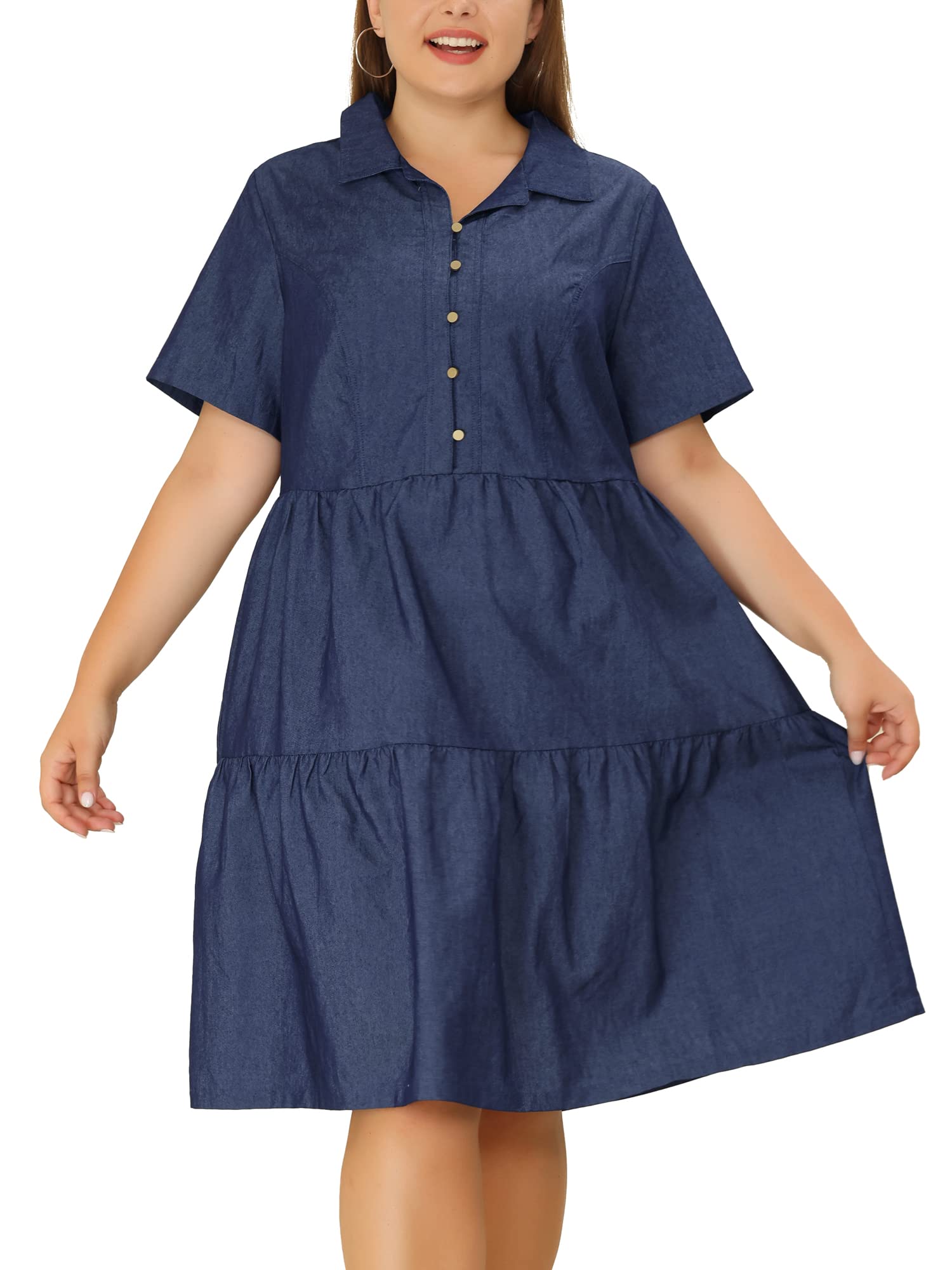 Agnes Orinda Plus Size Denim Jean Dress for Women - Button Down Tiered Short Sleeve Midi Dress | Casual Summer Outfit, Beach Wear & Everyday Fashion
