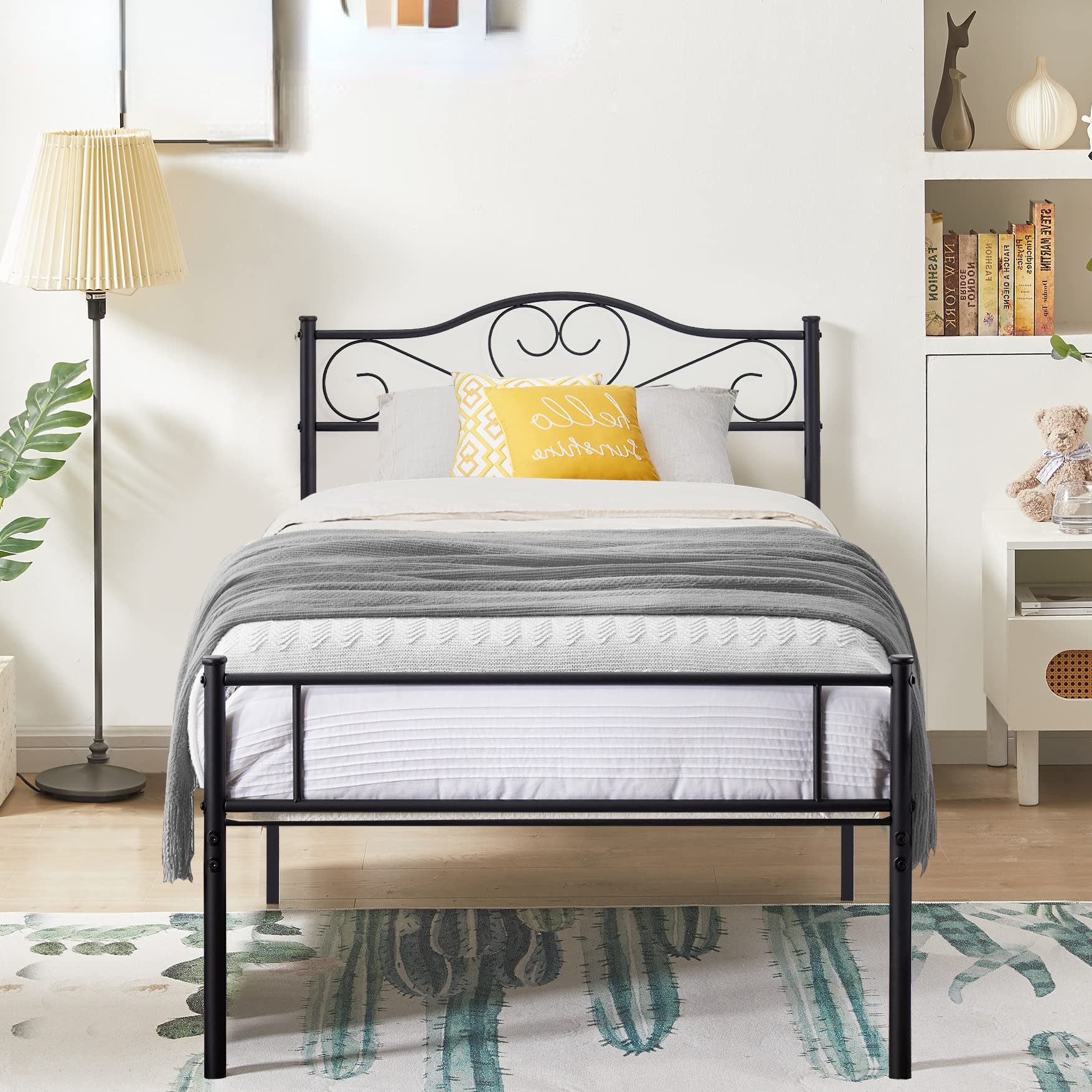 VECELO Twin Size Metal Platform Bed Frame with Headboard & Footboard - Heavy Duty Steel Slat Support, No Box Spring Required, Black - Perfect for Kids Rooms, Guest Bedrooms & Small Spaces
