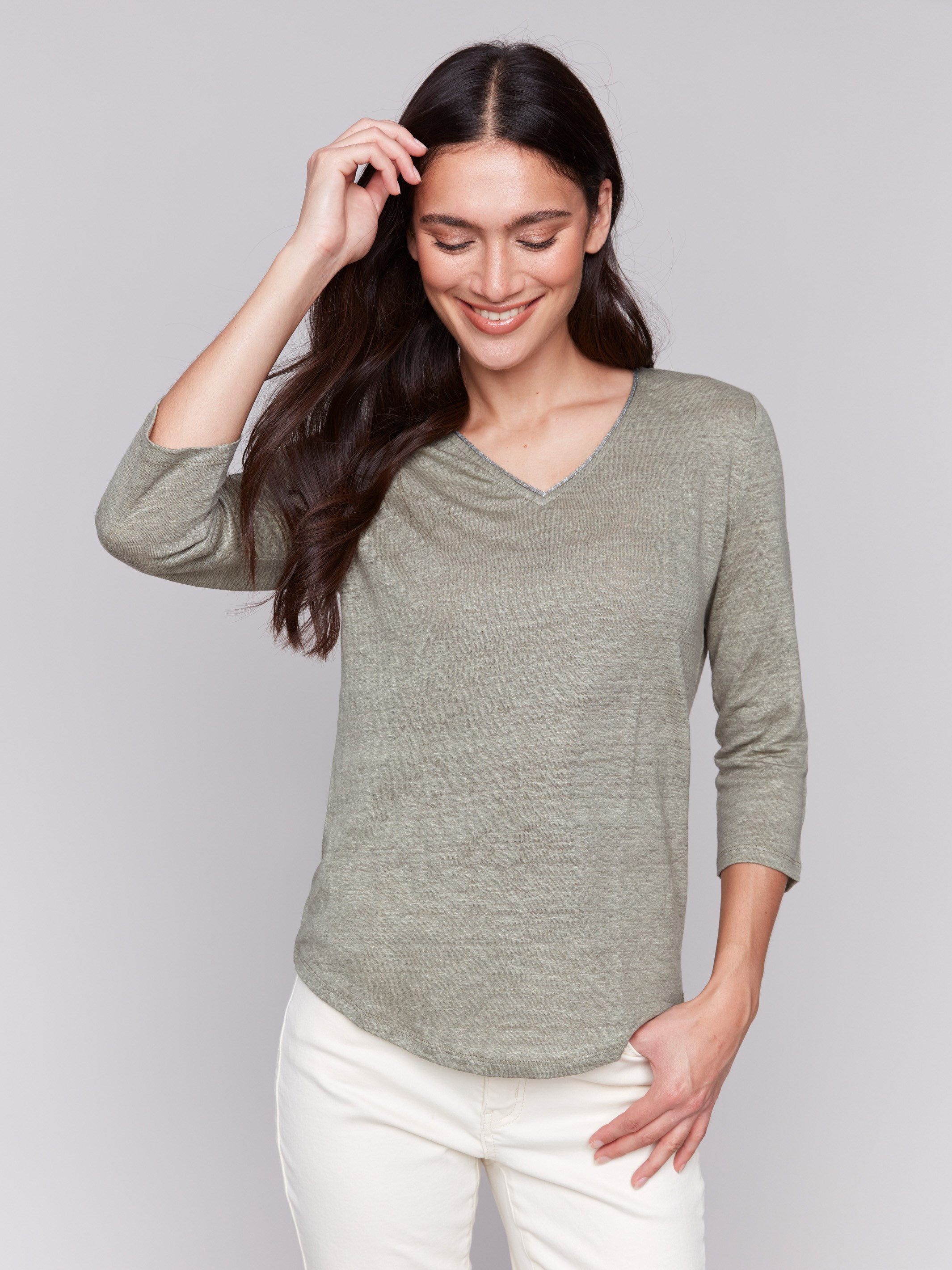 Breathable Linen Blend V-Neck Top in Celadon Green - Perfect for Summer Outfits & Casual Wear
