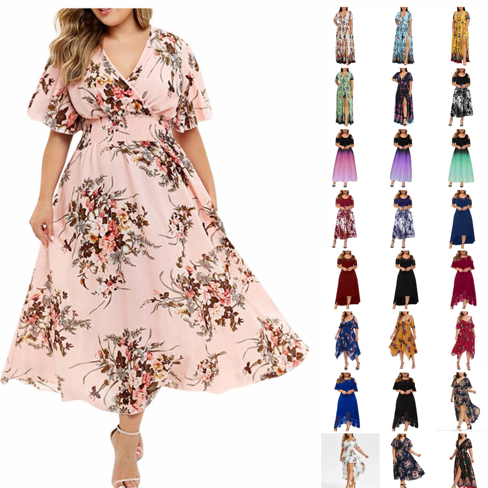 DOYIMBO Plus Size Summer Off Shoulder Maxi Dress for Women - Floral Vintage Elegant Wedding Guest Dress with Sleeves | Beach Vacation, Garden Party, Formal Occasions