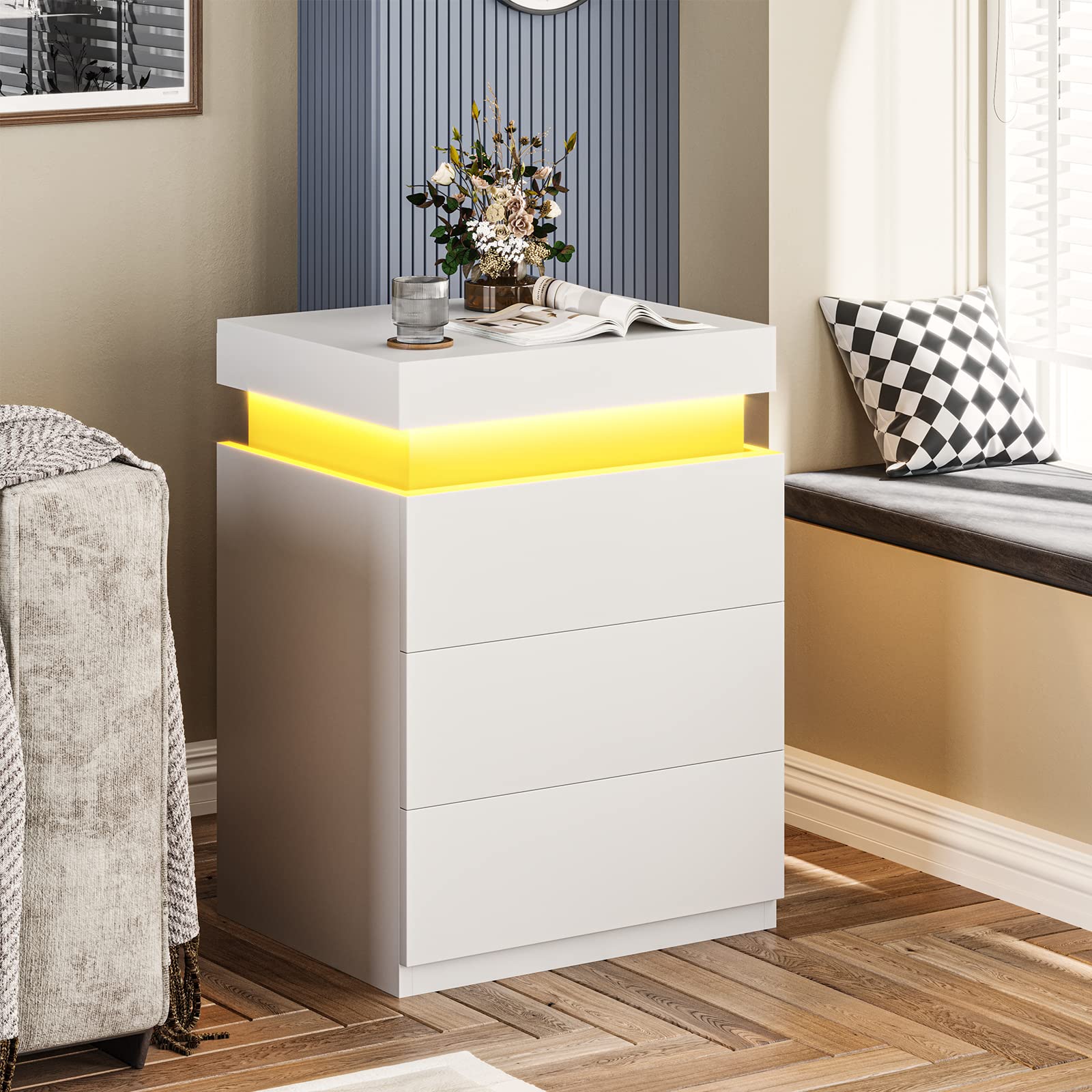 ADORNEVE Modern White Nightstand with USB Charging Station, LED Lights & Sliding Top - Bedside Table with Drawers for Bedroom - Perfect for Small Spaces, Apartment Living & Contemporary Home Decor