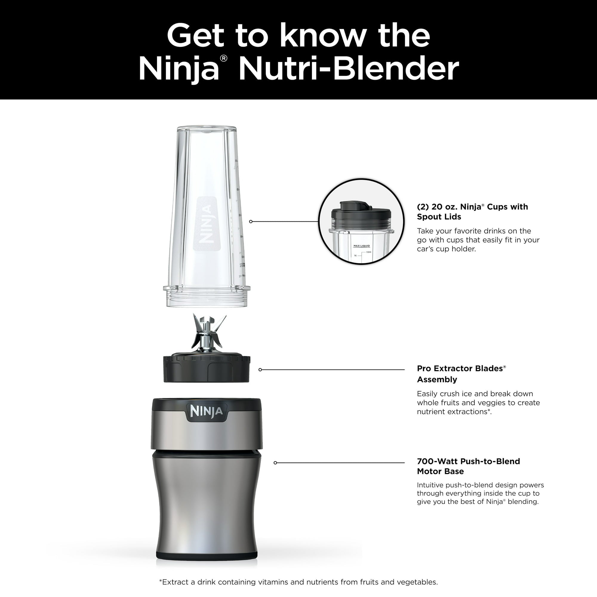 Ninja BN300 Nutri Blender 700W Personal Countertop Blender with 2 BPA-Free 20oz Travel Cups - Perfect for Smoothies, Protein Shakes & Meal Prep - Dishwasher Safe Blender for Home & Office Use
