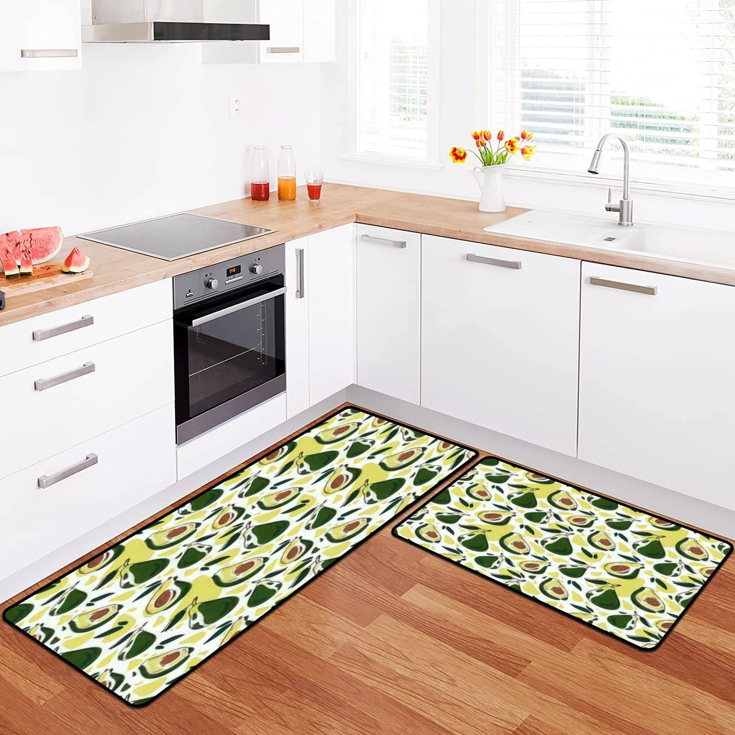 **Non-Slip Washable Kitchen Rugs Set - Avocado Seamless Hand-Drawn Colorful Doodle Design, Soft Textile Fabric Floor Mat, Runner & Doormat for Kitchen, Bathroom, Entryway - Perfect for Comfortable Standing & Home Decor**    *(Use Cases: Ideal for kitchens, bathrooms, entryways, or as a cozy standing mat while cooking or doing dishes.)*