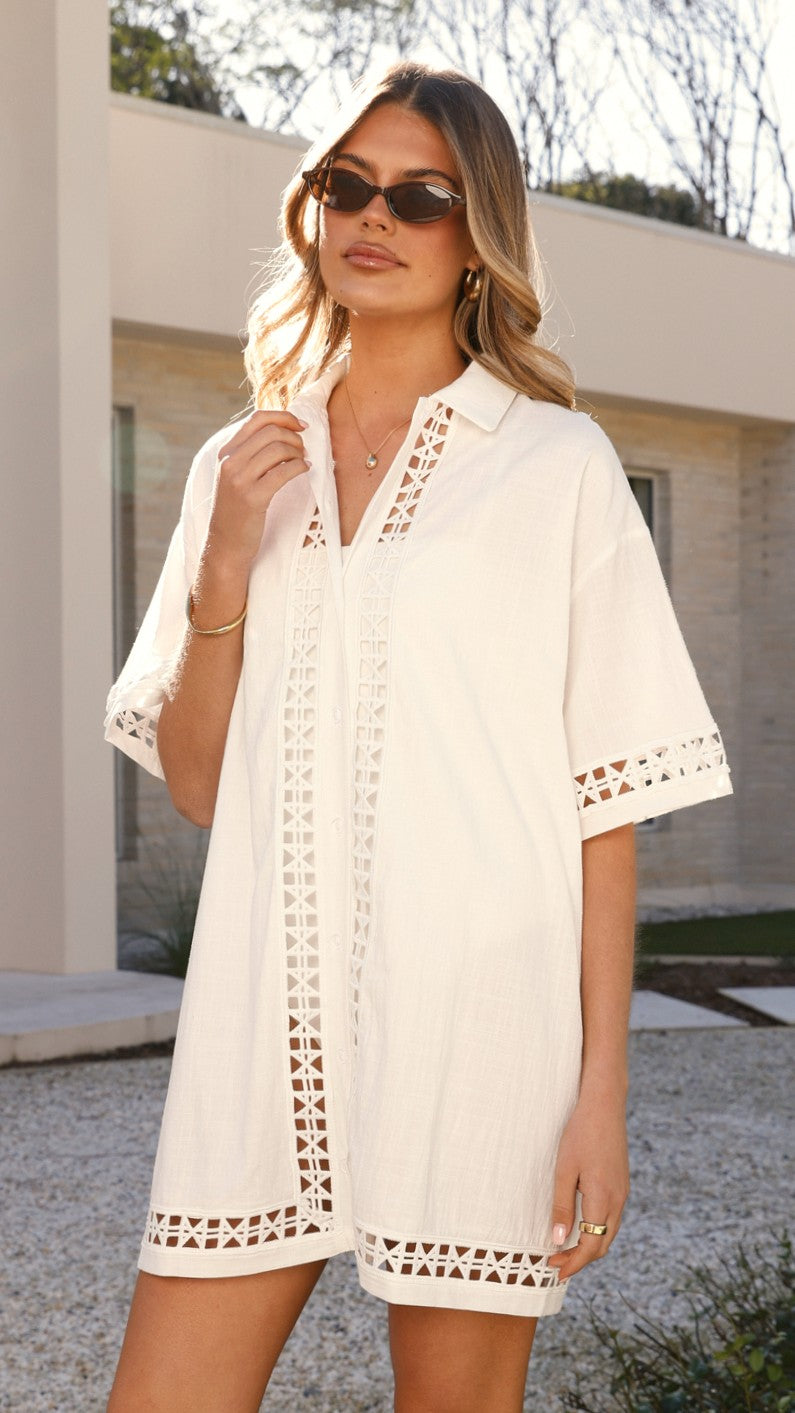 Halia Mini Shirt Dress for Women - Stylish White Casual Summer Dress for Outing, Beach, Party & Daily Wear