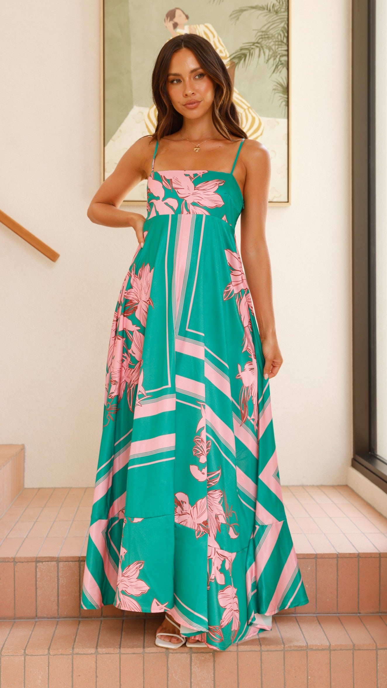 Kaethe Maxi Dress - Green & Pink Floral Print Women's Summer Dress for Beach, Vacation & Casual Wear