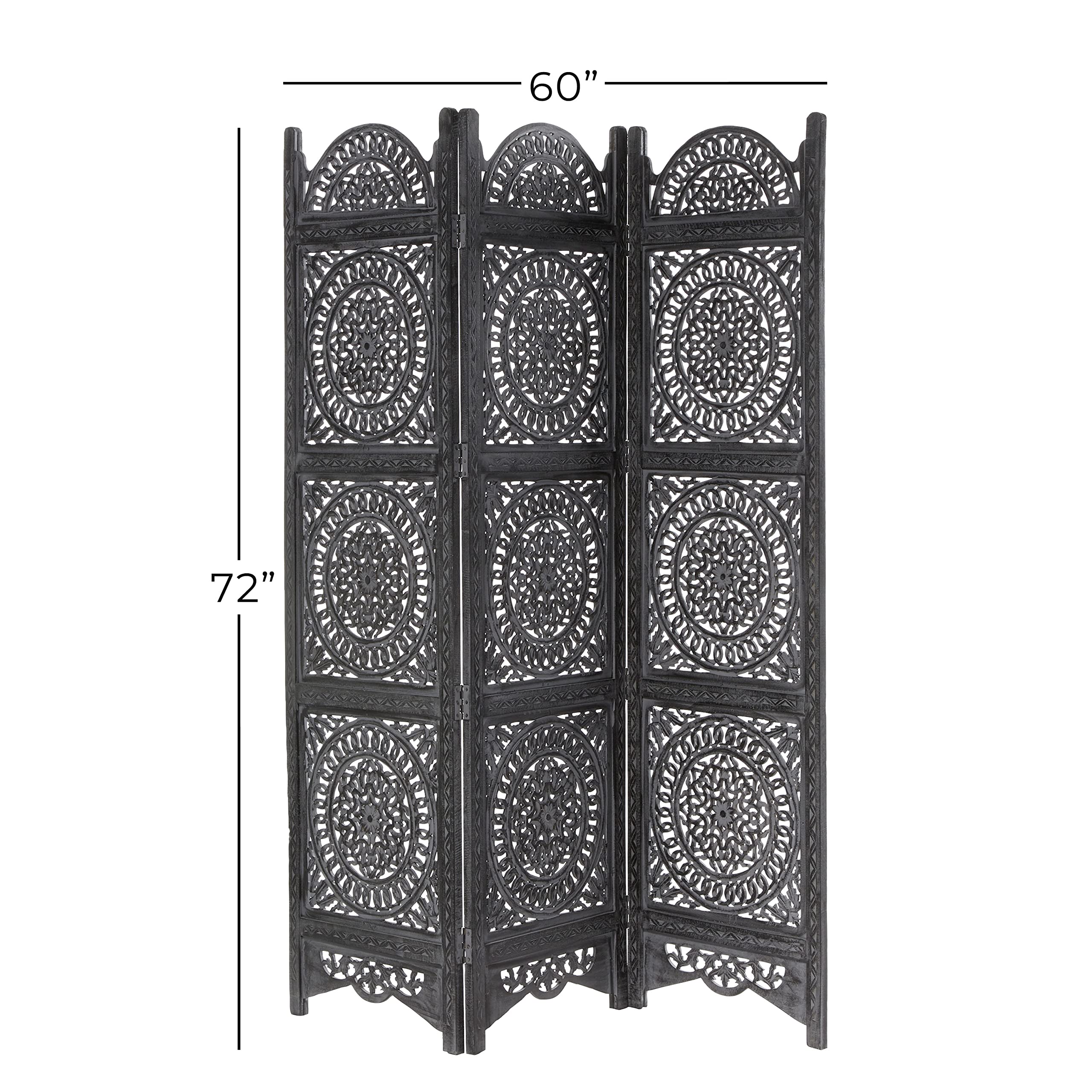Handmade Wooden Floral Room Divider Screen - 3-Panel Foldable Privacy Partition with Intricate Carvings, 60