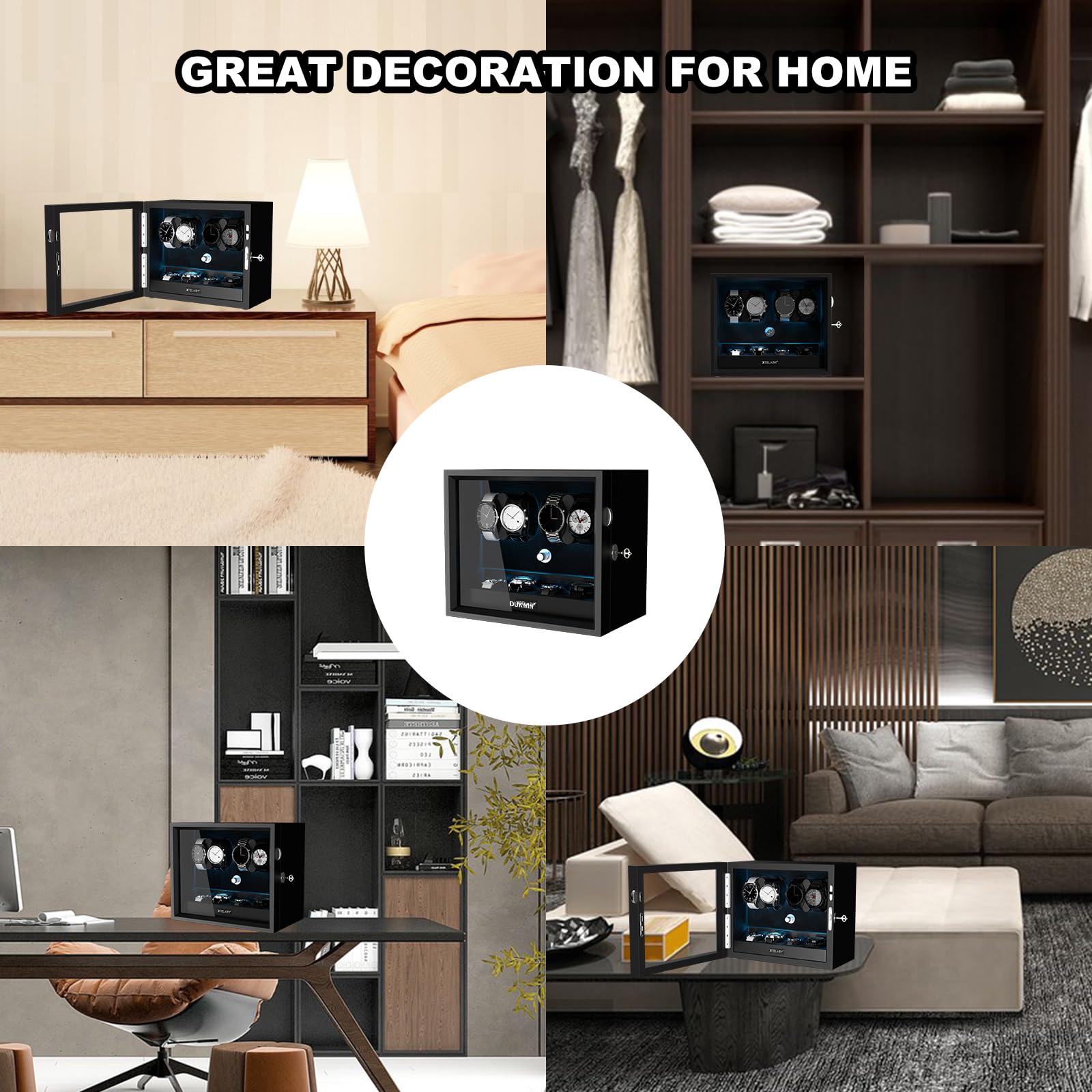 XTELARY Automatic Watch Winder for 4/6/8/12 Watches - Lockable Storage Box with 4 Extra Slots, 4 Rotation Modes, Adjustable Watch Pillows, Silent Mabuchi Motor & LED Backlight | Perfect for Automatic Watch Collection, Display & Maintenance at Home/Office
