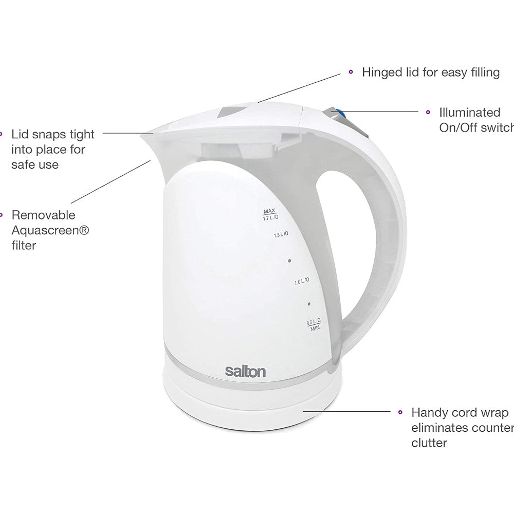 SALTON JK1648W Cordless Electric Kettle - Fast Boiling Water Heater for Tea, Coffee & Instant Meals | Perfect for Home, Office & Dorm Use