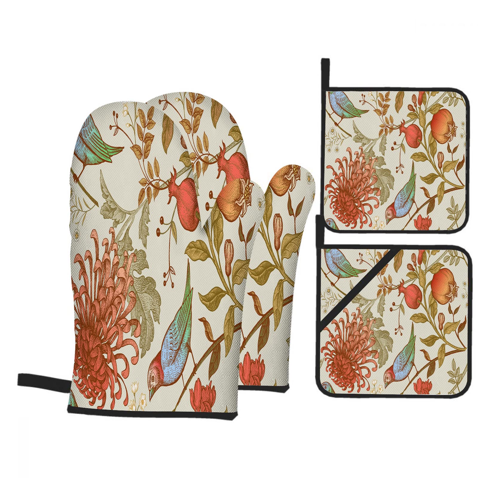 Nicokee Heat Resistant Oven Mitts and Pot Holders Set - Floral Chrysanthemum Birds Pomegranate Leaves Design - Microwave Safe Cooking Gloves & Hot Pads for Baking, Grilling, Roasting - Perfect for Kitchen, BBQ, and Holiday Cooking