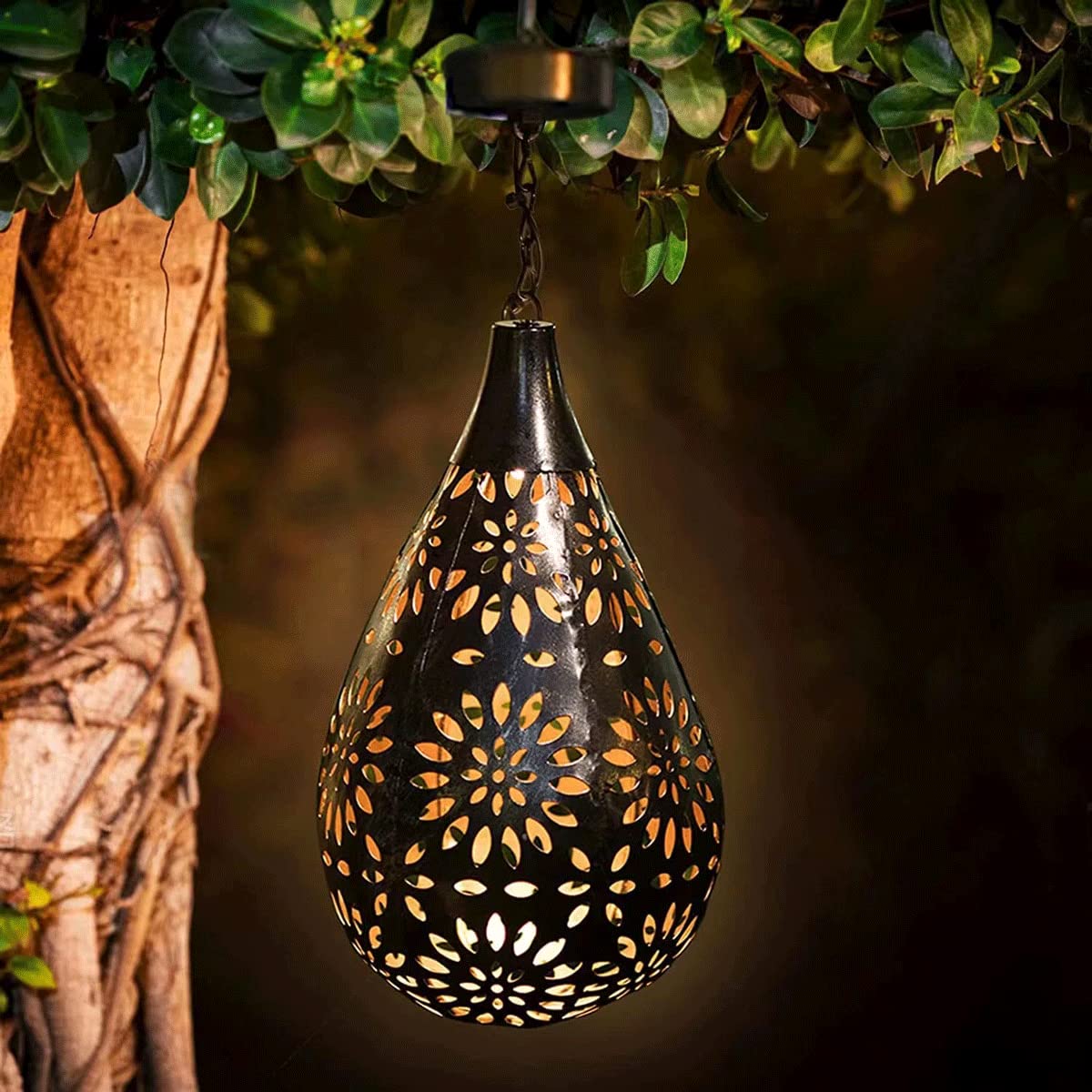 Solar Powered Outdoor Garden Lights - Daisy Wrought Iron LED Chandelier with Projection for Lawn, Fence, House & Garage | Weatherproof Solar Lighting for Patio, Yard & Landscape Decoration