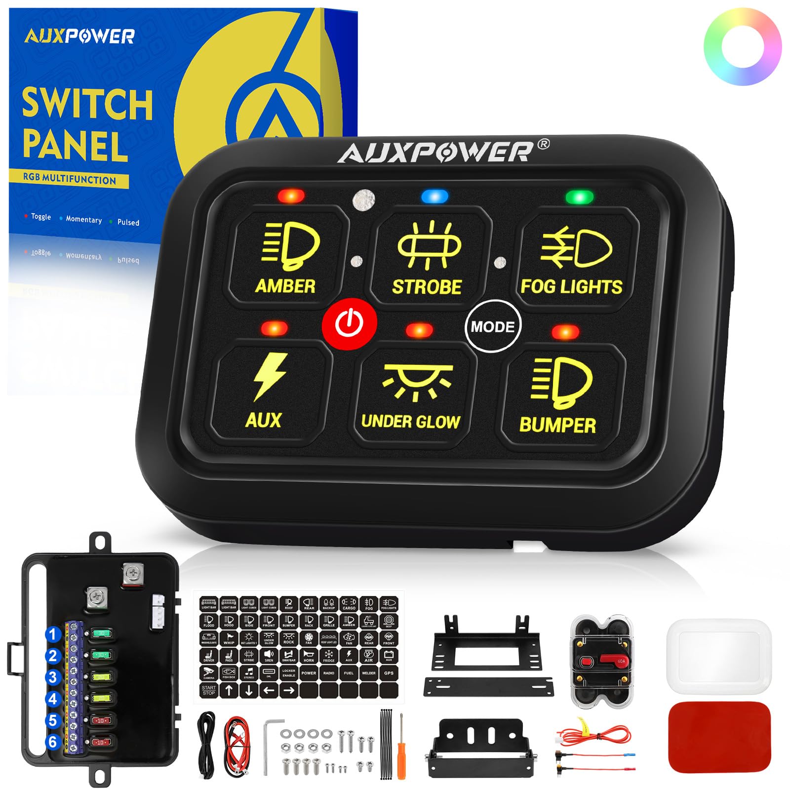 Auxpower 6 Gang RGB Dimmable Toggle Switch Panel with Momentary Pulsed LED - Automotive Auxiliary Circuit Control Relay System for Trucks, Boats, Cars (RGB A26 Switch Panel) | Perfect for Off-Road Vehicles, Marine Applications & Custom Car Interiors