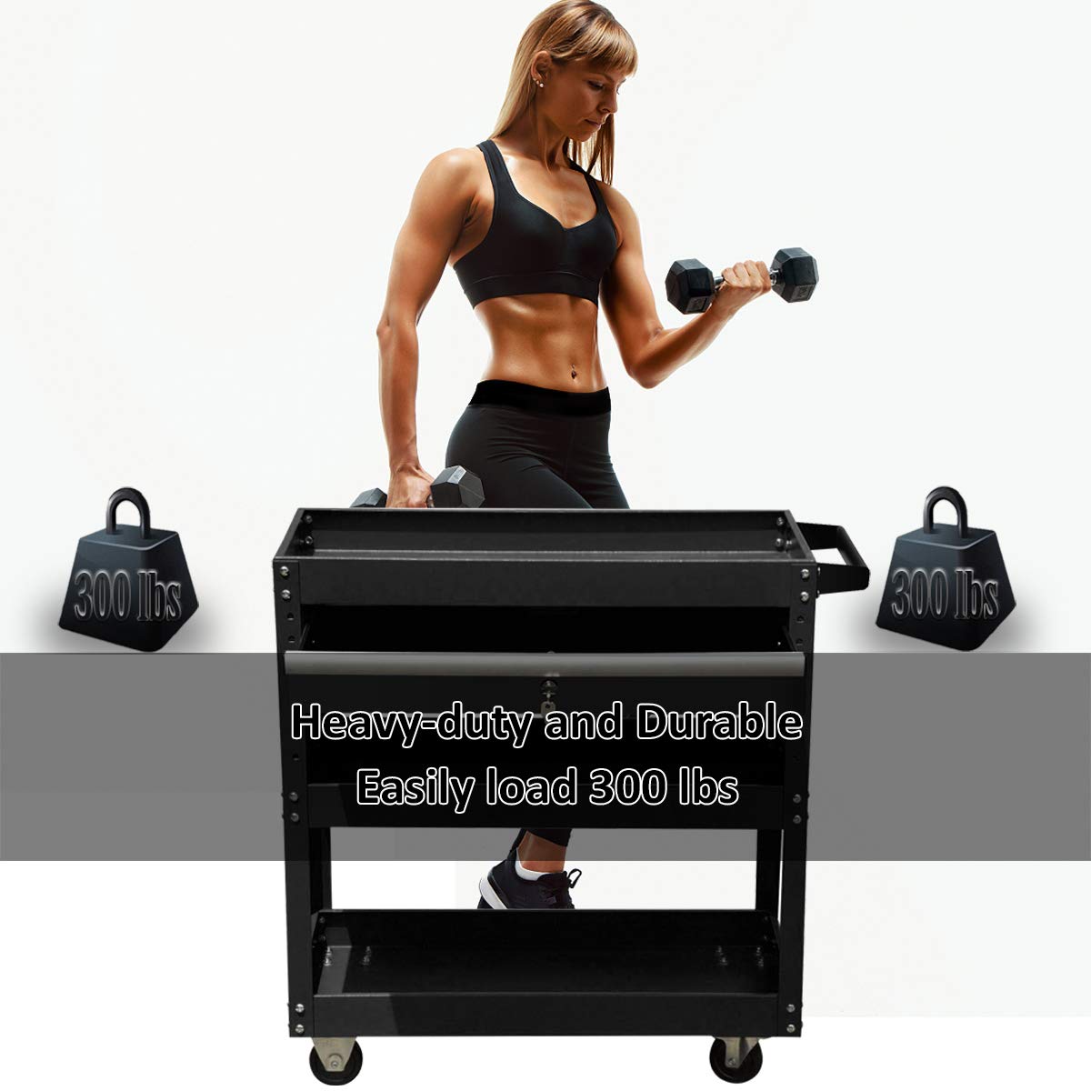 X&T 3-Tier Heavy Duty Rolling Tool Cart with Drawer & Lock - 300 lbs Capacity Industrial Mobile Utility Cart on Wheels for Mechanics, Warehouse, Garage, Office & Home Use - Perfect for Organizing Tools & Cleaning Supplies (Black)