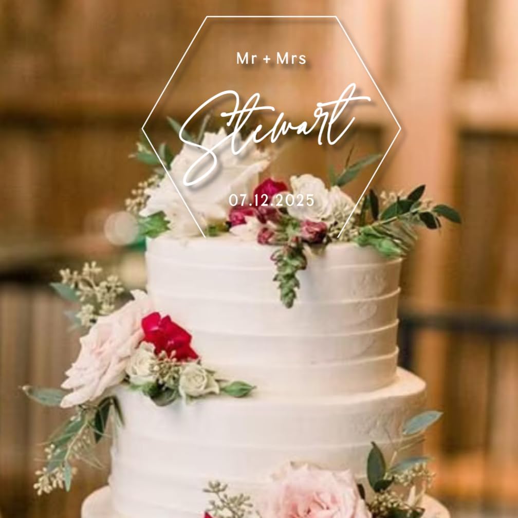 Custom Personalized Acrylic Hexagonal Wedding Cake Topper with Names - Elegant Wedding Cake Decoration for Anniversaries, Bridal Showers & Special Celebrations