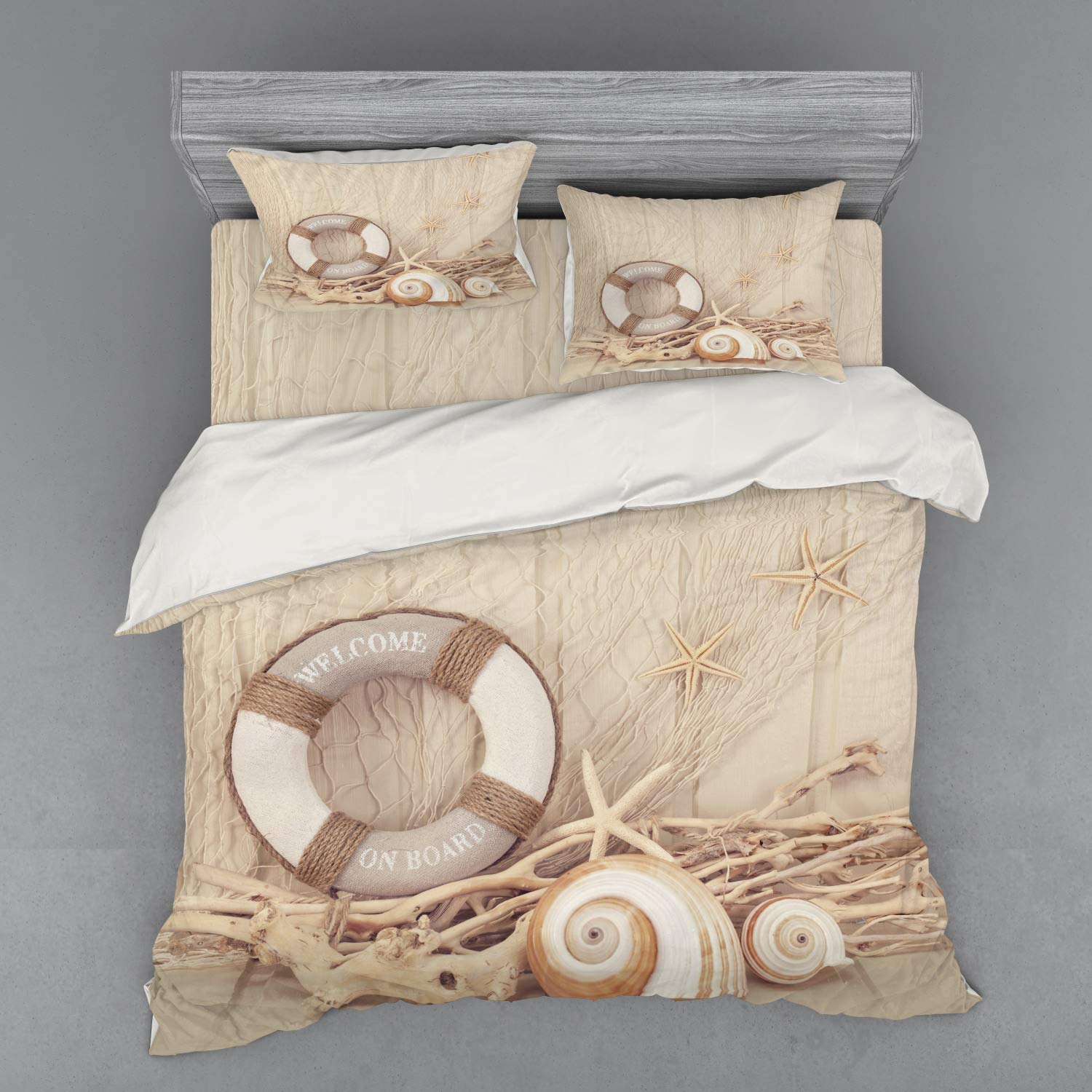 Ambesonne Coastal Duvet Cover Set - King Size 4-Piece Bedding Set with Shams & Fitted Sheet | Nautical Maritime Theme Print in Tan Beige White | Perfect for Beach House Decor, Guest Room or Vacation Home Bedroom