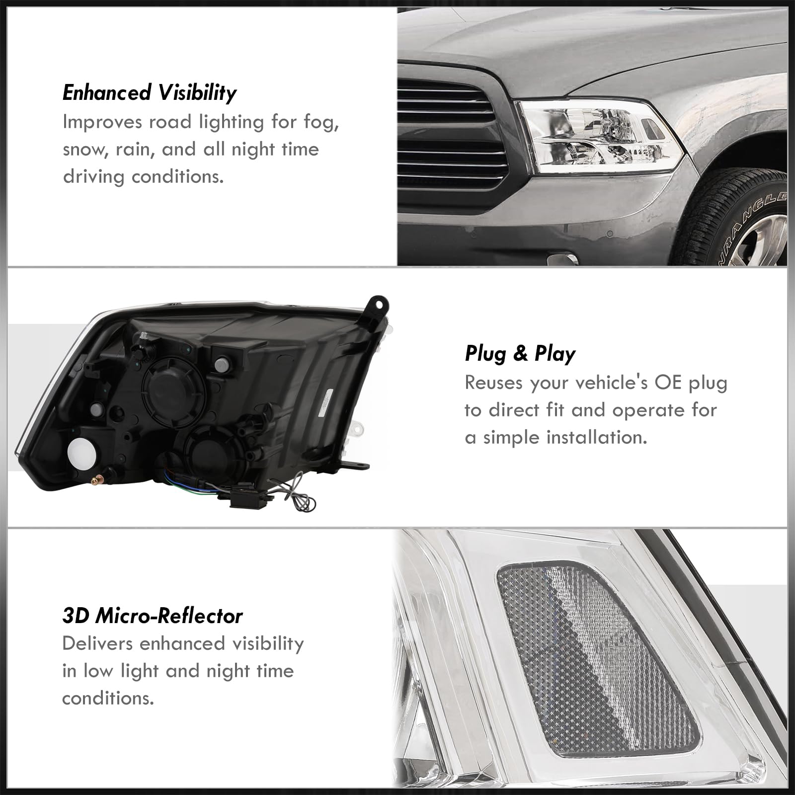 Ram 1500-5500 LED DRL Headlights & Turn Signals - Chrome Housing, Clear Lens for 2009-2018 Models - Off-Road & Street Use
