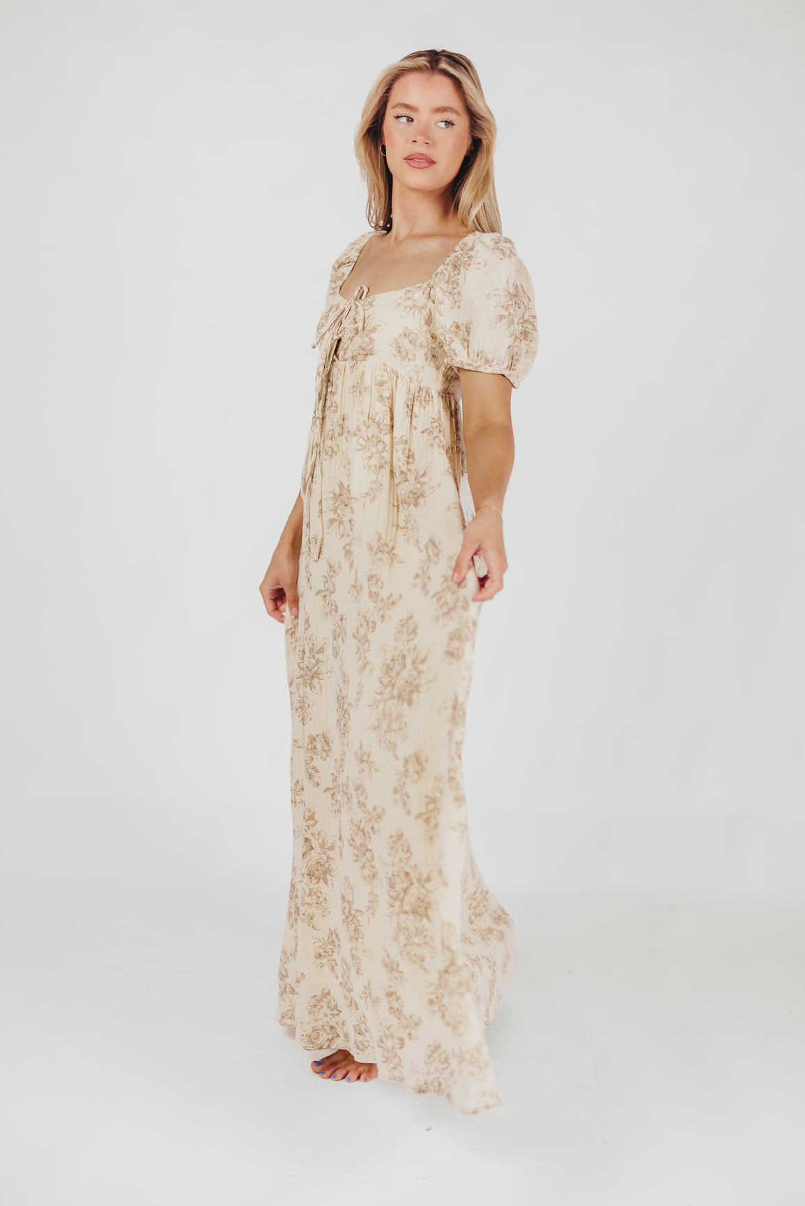 Haven 100% Cotton Tie Front Maxi Dress in Taupe/Brown Floral - Bump Friendly Maternity Dress for Women | Perfect for Pregnancy, Beach Vacations & Summer Outfits