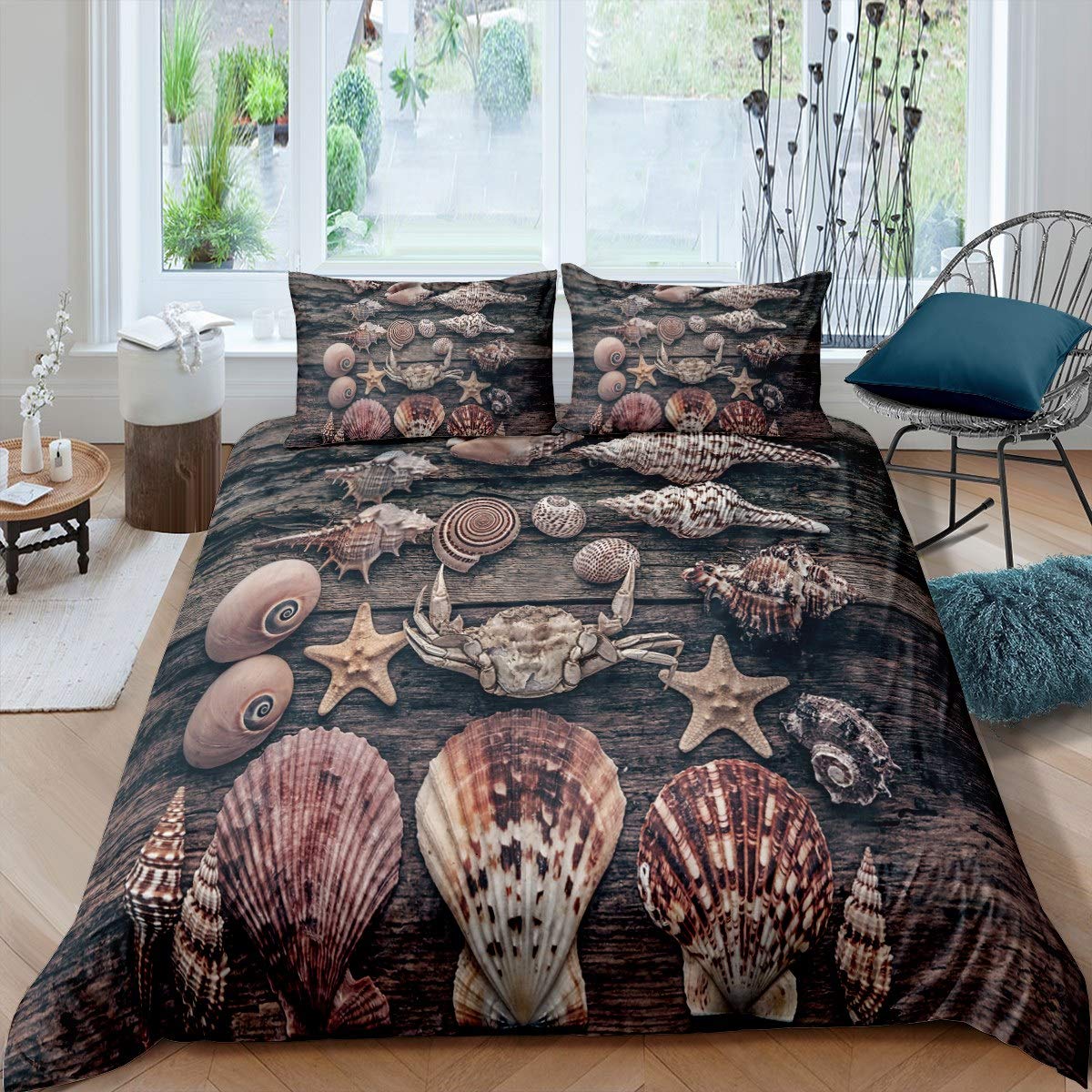 Kids Starfish Ocean Themed Bedding Set - Twin Size Duvet Cover & Pillowcase 2Pcs, Beach Sea Life Animal Print Comforter Set for Boys Girls (Wood Floor Snail Reptile Pattern) - Perfect for Beach Themed Bedrooms & Summer Decor